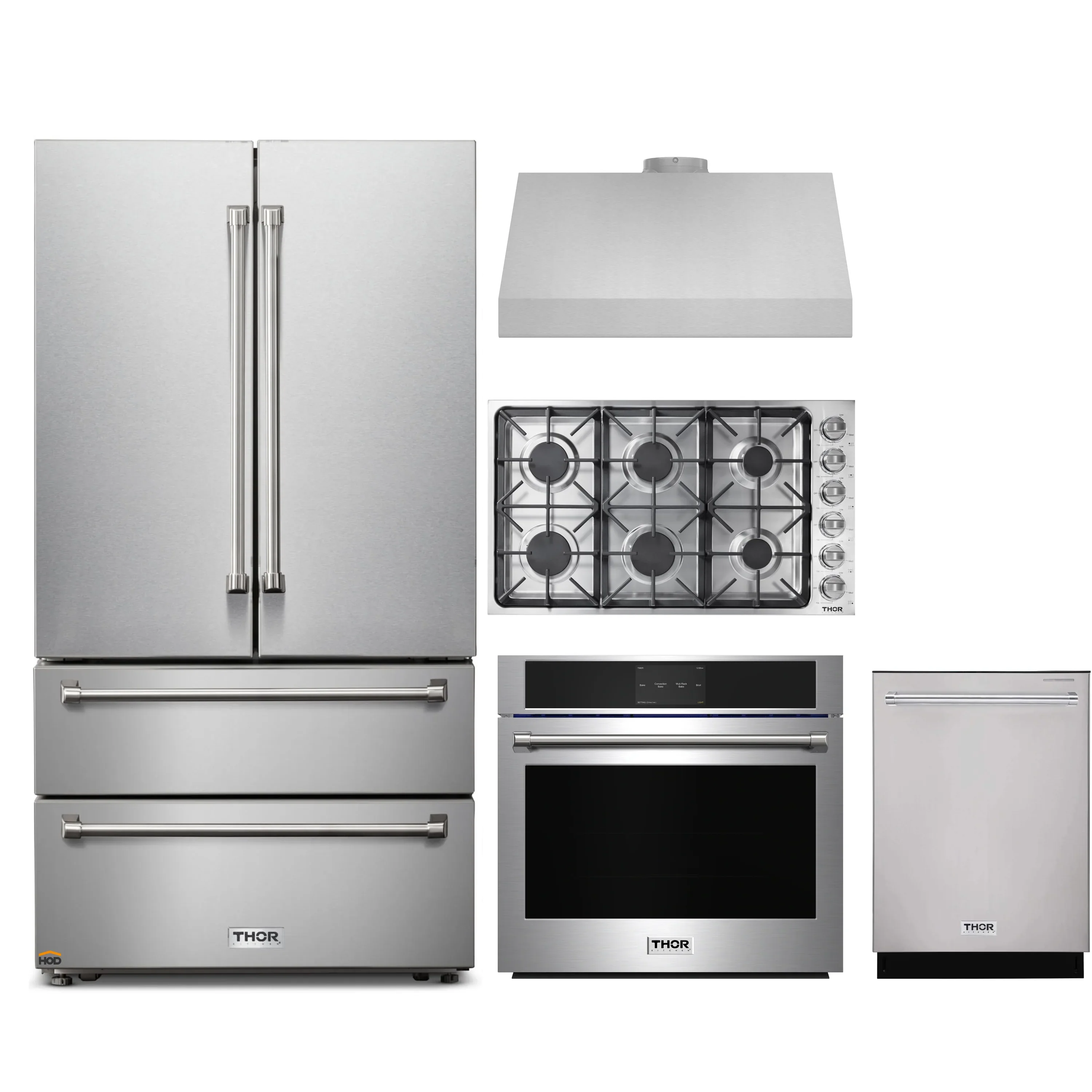 Thor Kitchen 5-Piece Pro Appliance Package - 36-Inch Gas Cooktop, Electric Wall Oven, Under Cabinet Hood, Dishwasher & Refrigerator in Stainless Steel