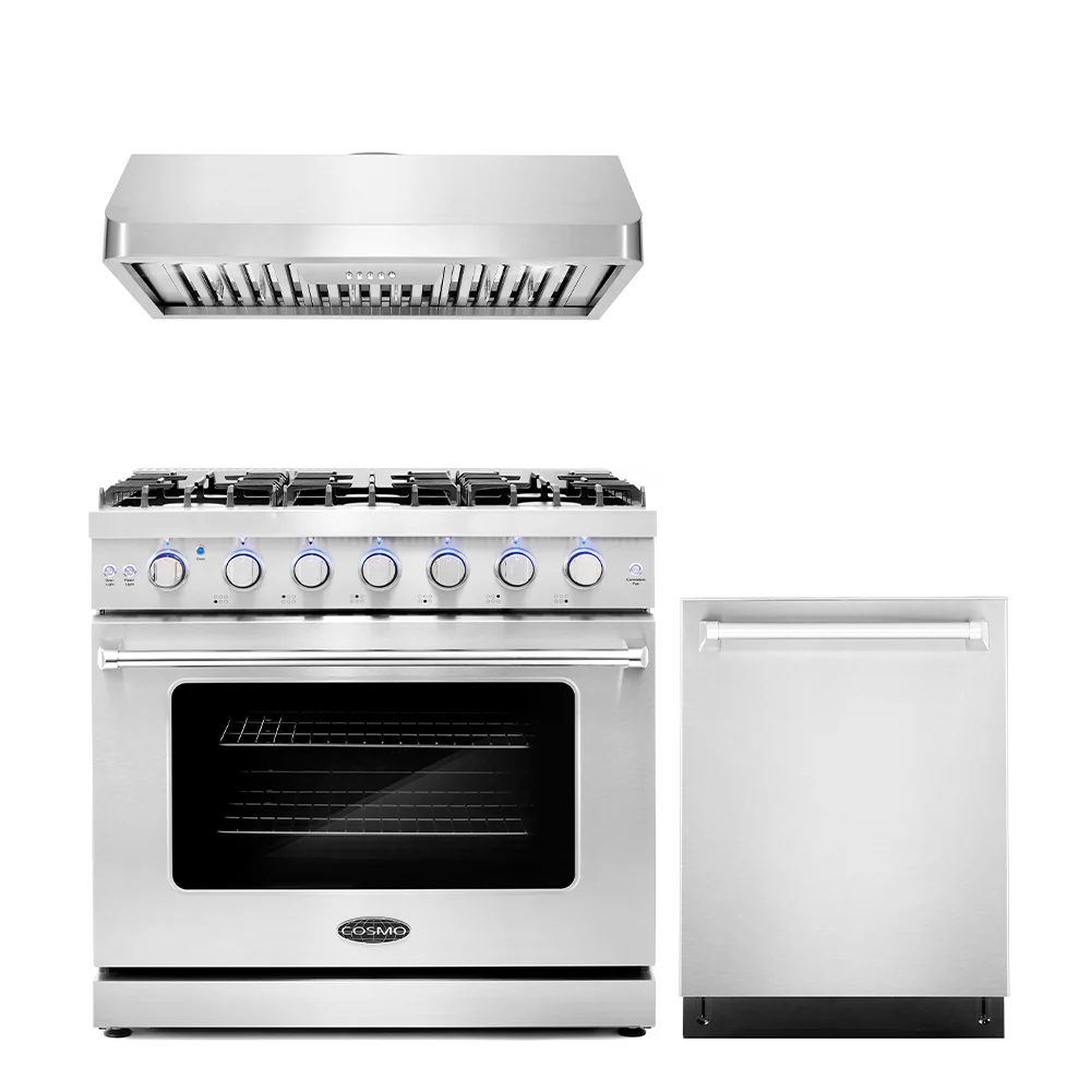 Cosmo 3 - Piece Appliance Package - 36-Inch Gas Range, 36-Inch Under Cabinet Range Hood and 24-Inch Dishwasher (COS-3PKG-034)