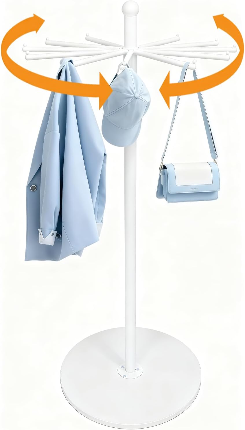 White Heavy-Duty Metal Rotating Rack - 12-Arm Freestanding Organizer with Wheels & Adjustable Pad Base for Scarf, Bag & Fabric - Ideal for Boutique, Retail & Home