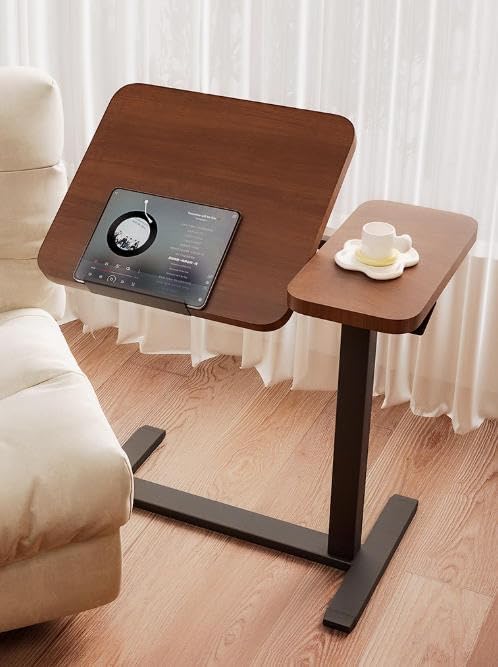 Adjustable Height Mobile Laptop & Bed Tray Table with Lockable Wheels, Tilting Bedside Overbed Table for Reading, Portable Bedside Stand & Rolling Desk with H-Base for Home or Hospital Use, Walnut