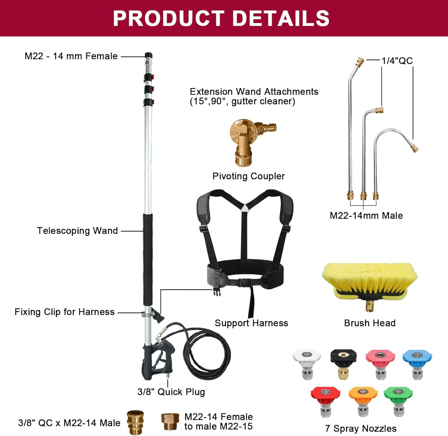 24 FT Telescoping Pressure Washer Wand with Pressure Washer Extension Wand,Brush Head,Gutter Cleaner Attachment and Support Belt,Pressure Washer Extension Pole for Wall Roof Gutter