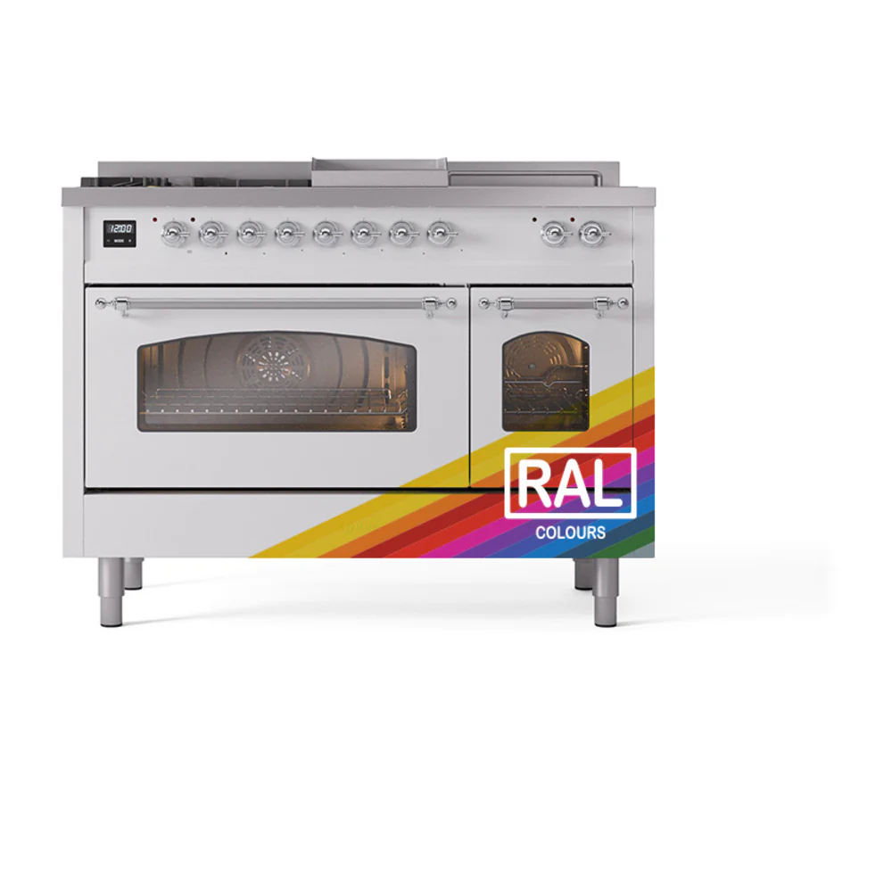 ILVE Nostalgie II 48-Inch Dual Fuel Range with 5 Burners, Griddle, & French Top with Triple Glass Door Oven in Custom RAL with Chrome Trim (UP48FSNMPRAC)