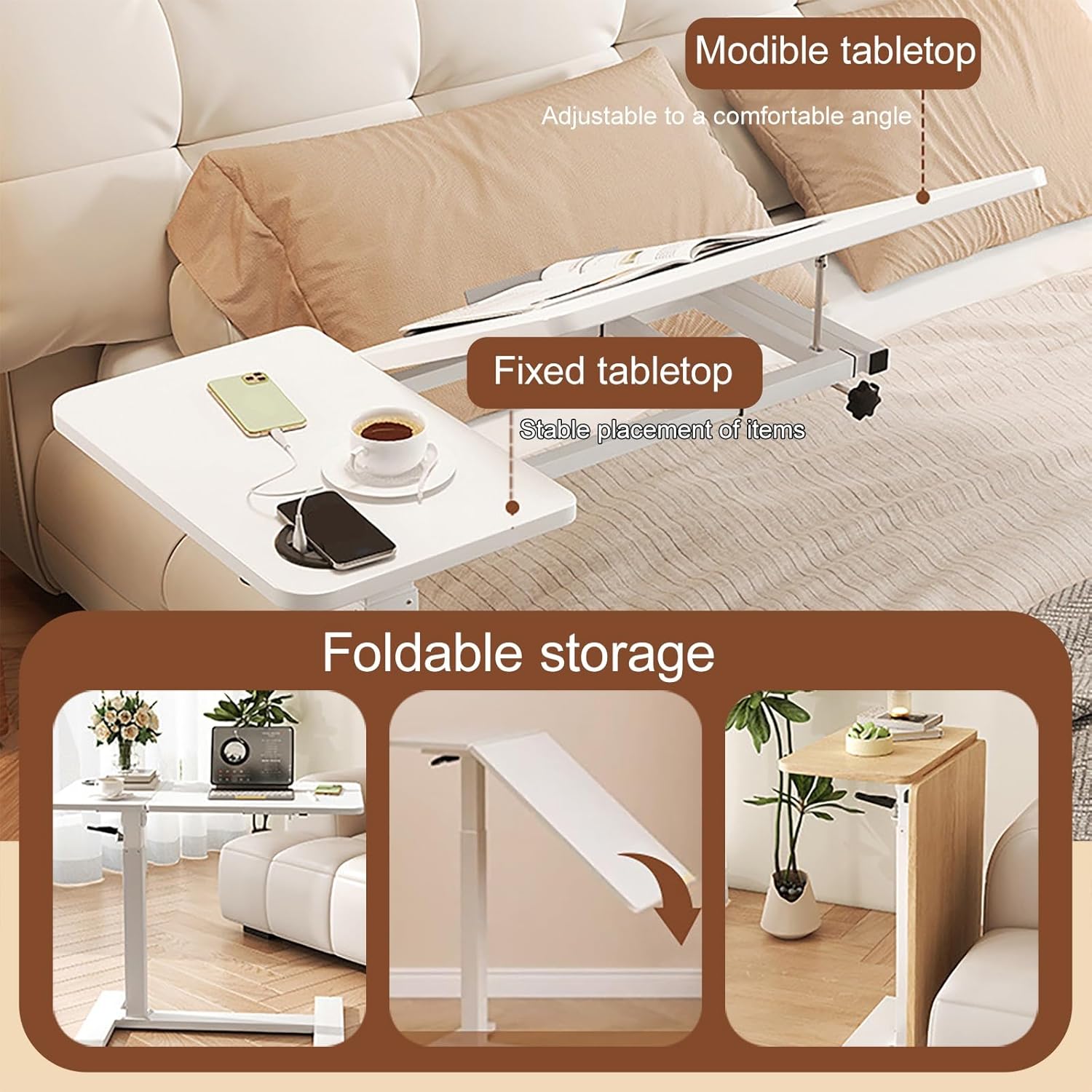 Overbed Bedside Table with Hidden Casters, Mobile Standing Stand Up Rolling Laptop PC Desks with Tilting Top Height Tray, Height Adjustable, for Home and Hospital Use(Gray)