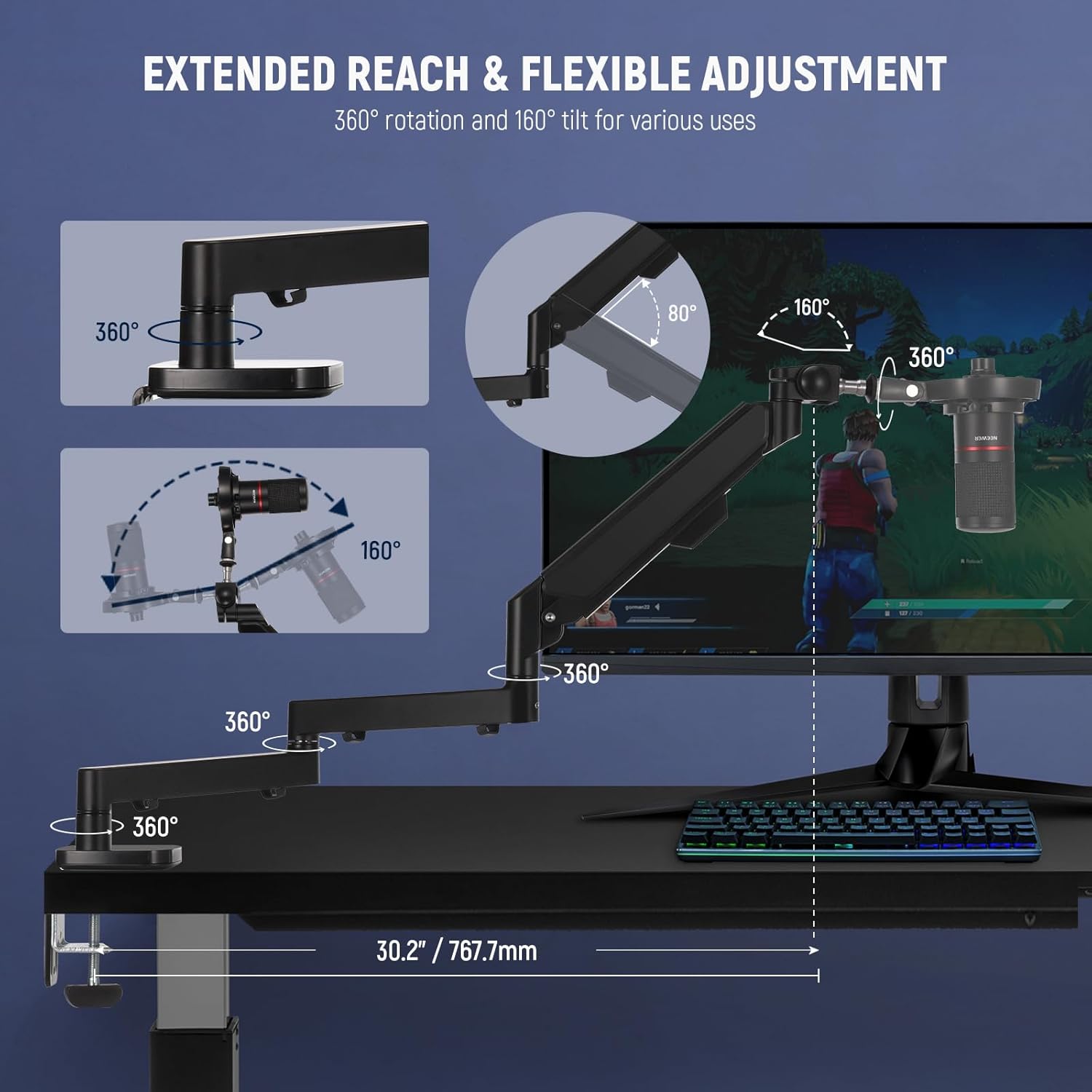 NEEWER MS002 Low Profile Desk Mic Boom Arm Stand with 360° Swivel Adjustable Pneumatic Damping Cable Management Cleaning Cloth, Desktop Mount Holder Compatible with Shure MV7 SM7B Blue Yeti Microphone