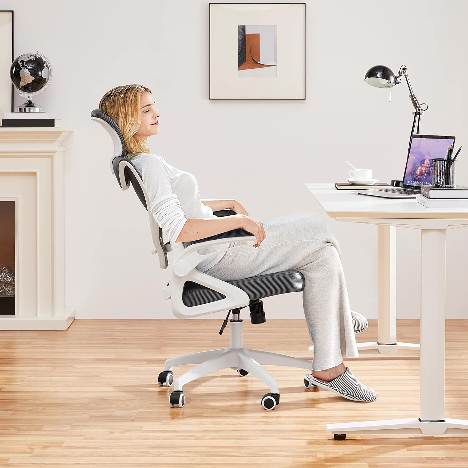 Yaheetech Ergonomic Mesh Office Chair, High Back Desk Chair with flip-up Armrests, Adjustable Padded Headrest Lumbar Support for Home Oiffce Game Room, White/Gray