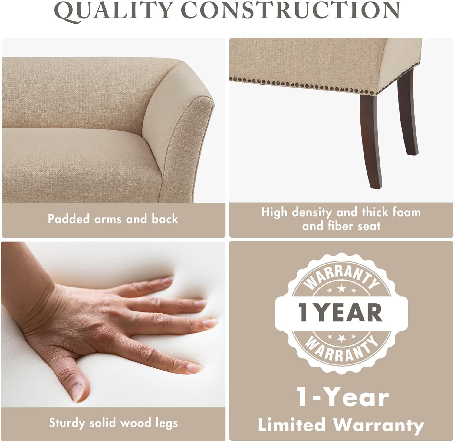 Madison Park Accent Bench, Upholstered with Nailhead Trim, & Padded Seat Entryway Bench Small, End of Bed Bench with Back, 49.5