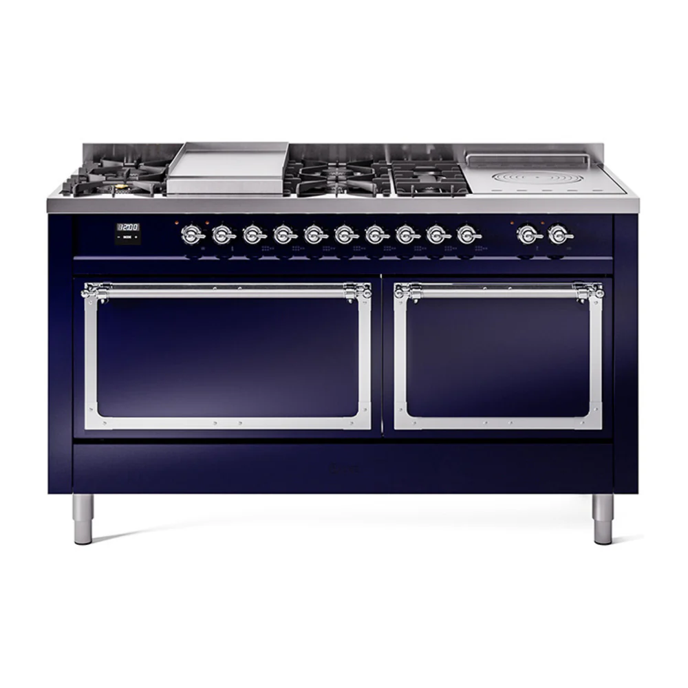 ILVE 60-Inch Nostalgie II Noblesse Dual Fuel Range with 7 Sealed Burners, Gridlde, French Top, and Solid Door Oven in Midnight Blue with Chrome Trim (UN60FSQNMPMBC)