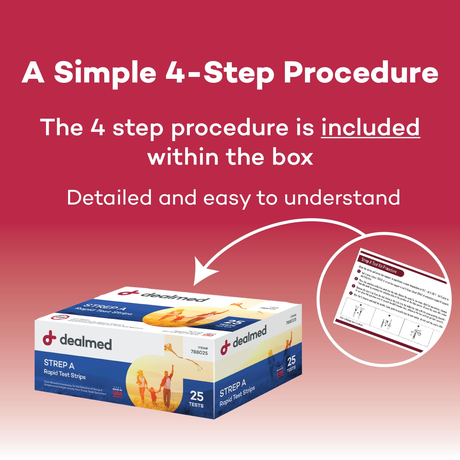 Dealmed Rapid Strep A Test Kit - CLIA-Waived, Made in USA, 25 Tests/Box, Case of 42