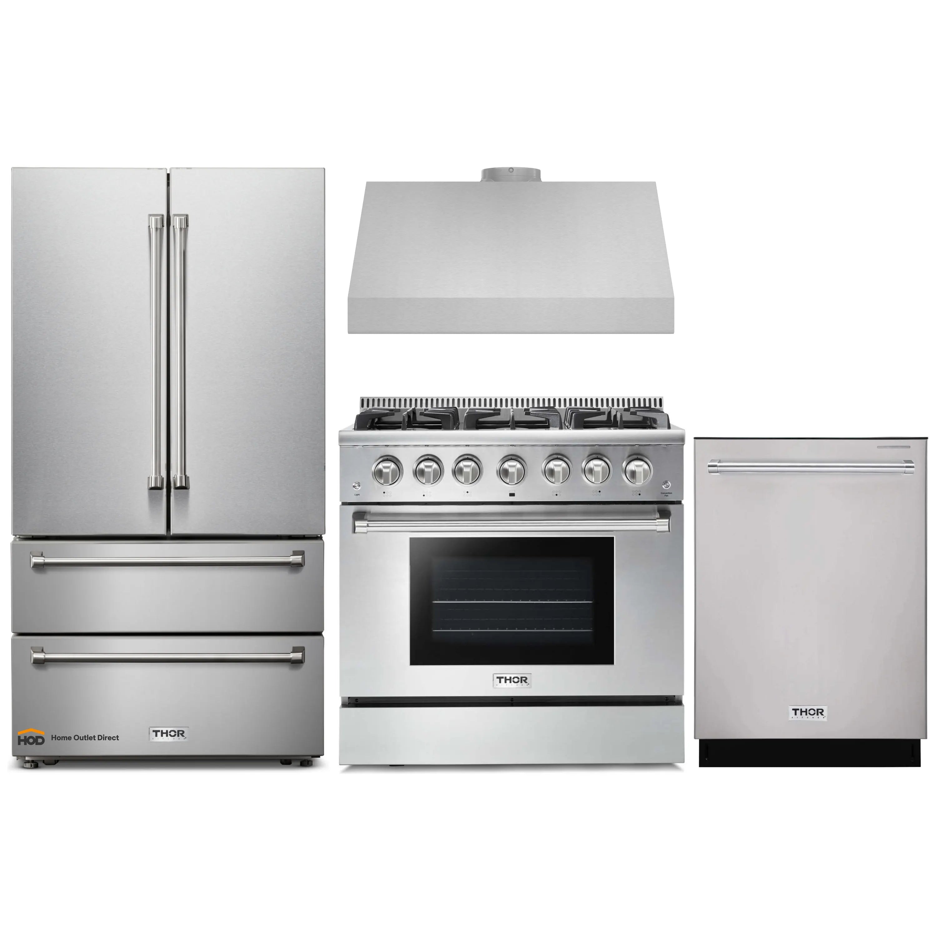 Thor Kitchen 4-Piece Pro Appliance Package - 36-Inch Gas Range, French Door Refrigerator, Under Cabinet Hood and Dishwasher in Stainless Steel