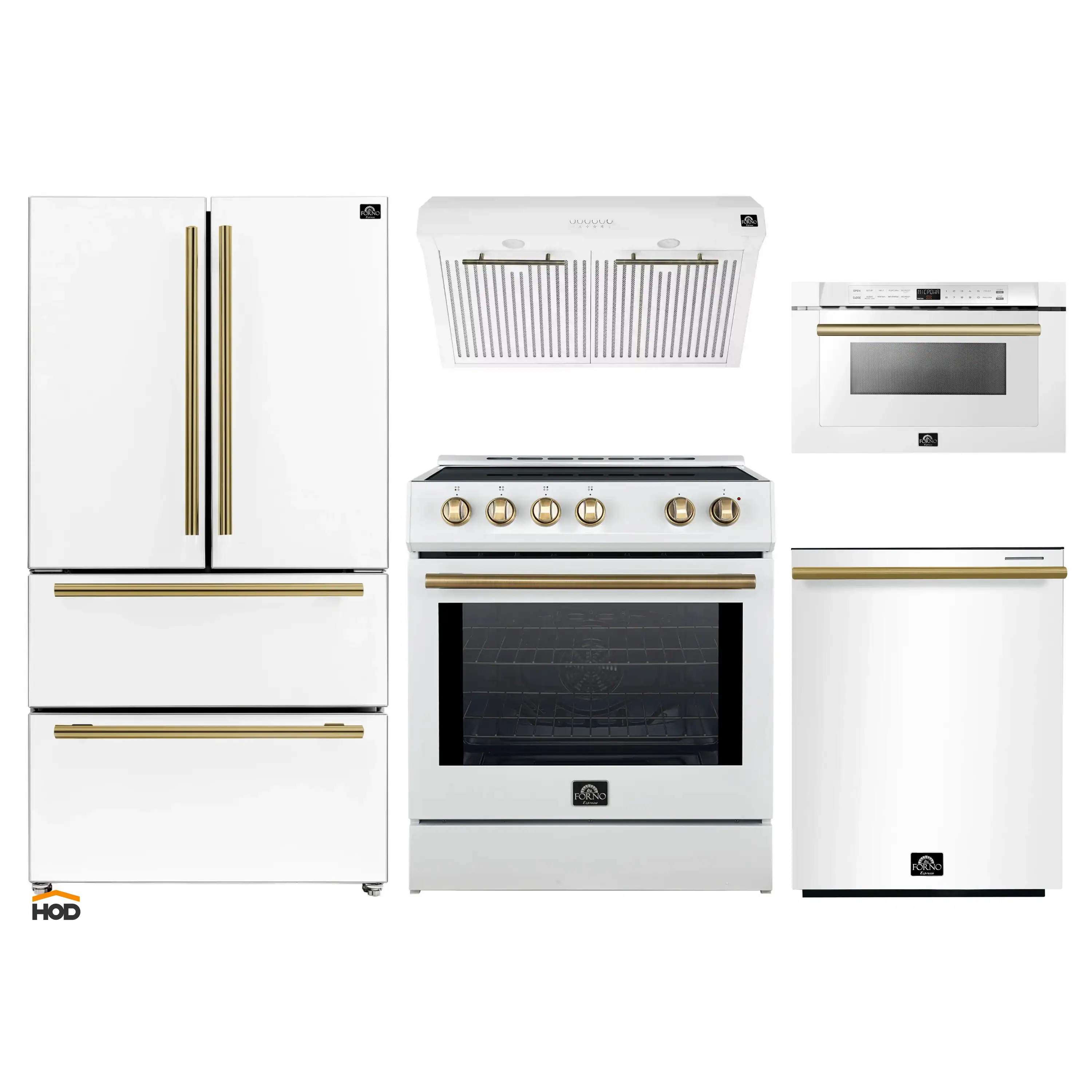 Forno 5-Piece Appliance Package - 30-Inch Induction Range, Under Cabinet Range Hood,  French Door Refrigerator, Dishwasher, and  Microwave Drawer in White with Antique Brass Trim