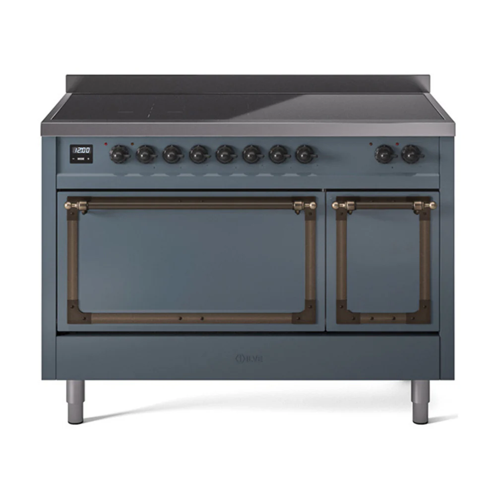 ILVE Nostalgie II Noblesse 48-Inch Induction Range with Solid Door Oven in Blue Grey with Bronze Trim (UNI486QNMPBGB)