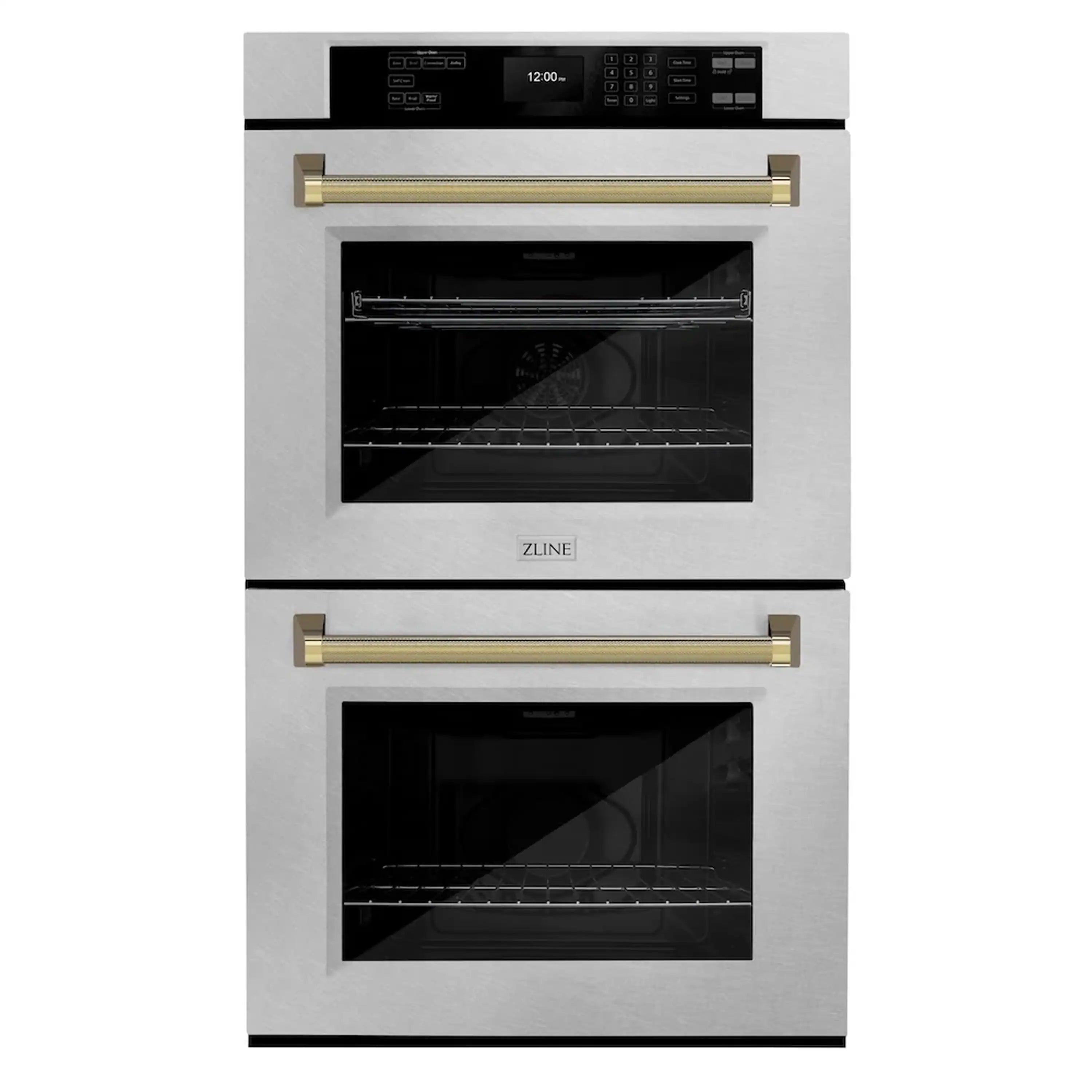ZLINE Autograph 30-Inch True Convection Double Wall Oven in Satin Steel with Gold Helix Handles (WADSZ-30-KG)