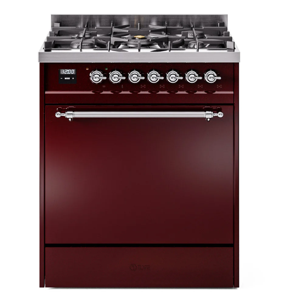 ILVE Nostalgie II 30-Inch Dual Fuel Range with Solid Door in Burgundy with Chrome Trim (UP30QNMPBUC)