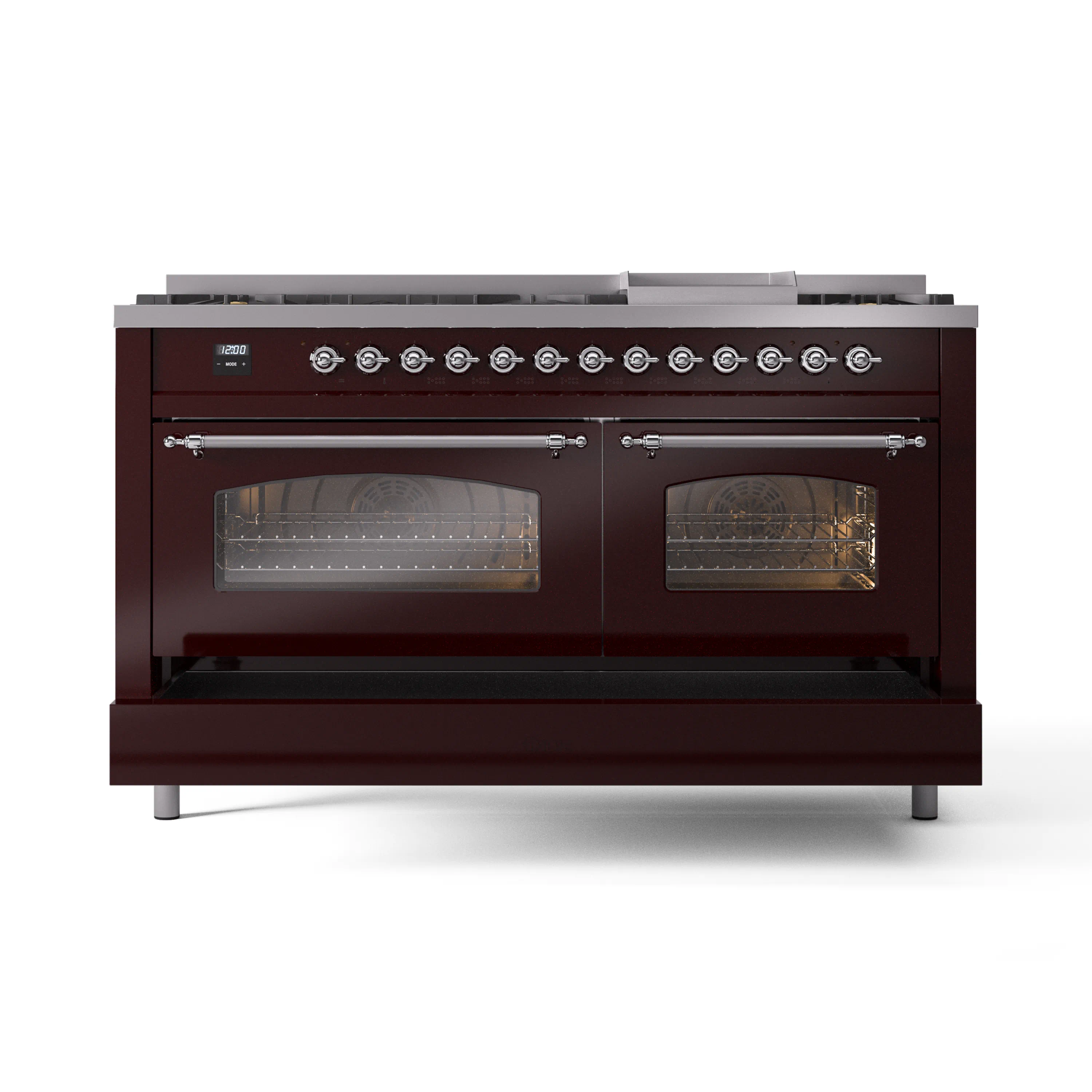 ILVE 60-Inch Nostalgie II Dual Fuel Range with 9 Burners, Griddle and Triple Glass Door Oven in Burgundy with Chrome Trim (UP60FNMPBUC)