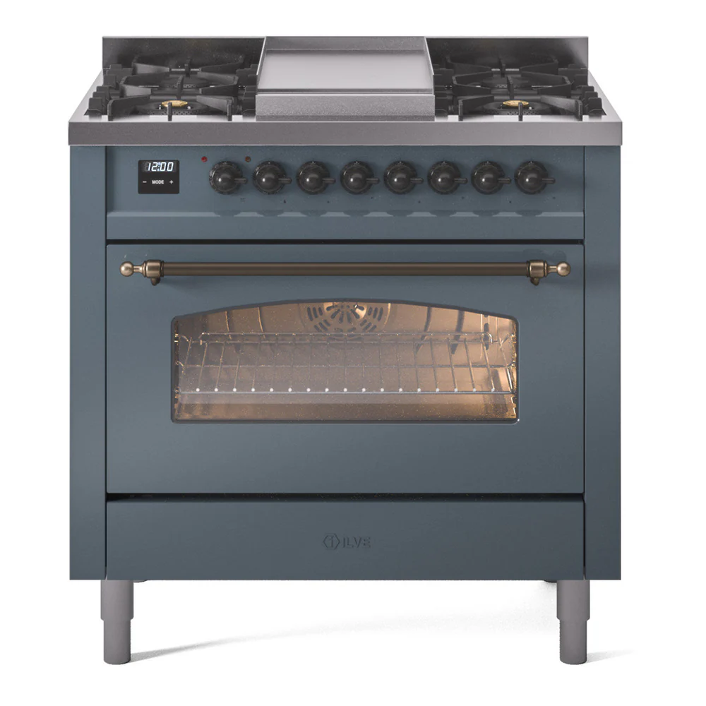 ILVE Nostalgie II 36-Inch Dual Fuel Freestanding Range in Blue Grey with Bronze Trim (UP36FNMPBGB)