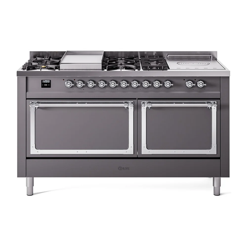 ILVE 60-Inch Nostalgie II Noblesse Dual Fuel Range with 7 Sealed Burners, Gridlde, French Top, and Solid Door Oven in Matte Graphite with Chrome Trim (UN60FSQNMPMGC)