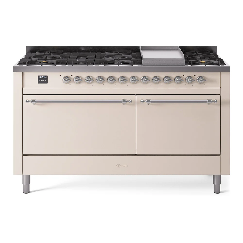 ILVE 60-Inch Nostalgie II Dual Fuel Range with 9 Burners, Griddle and Solid Door Oven in Antique White with Chrome Trim (UP60FQNMPAWC)