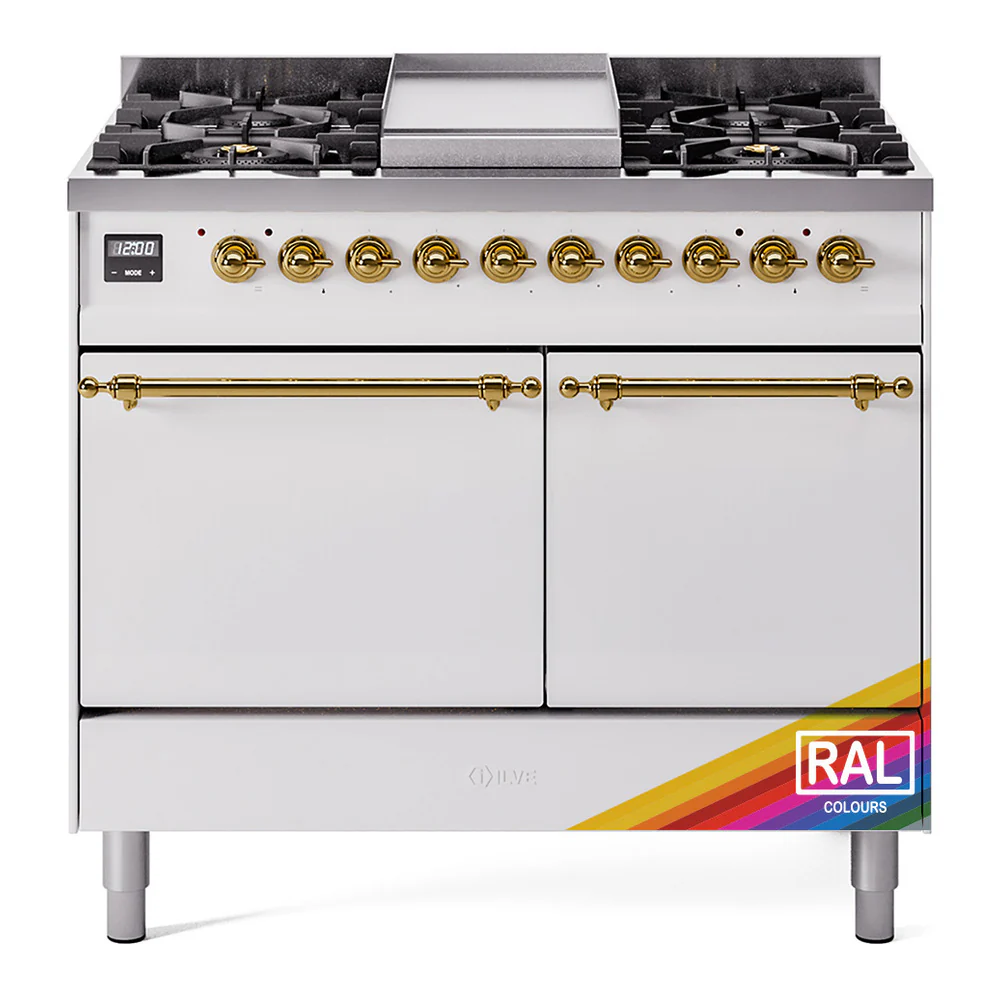 ILVE 40-Inch Nostalgie II Dual Fuel Range with 6 Burners, Griddle and Solid Door Oven in RAL with Brass Trim (UPD40FQNMPRAG)