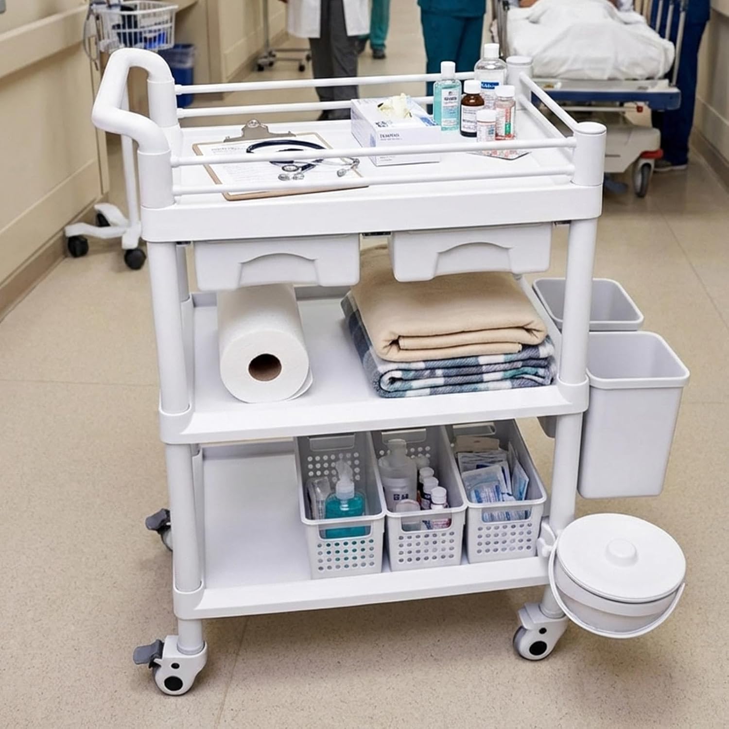 360° Rotate Medical Mobile Trolley Cart with 2 Drawers & 3 Trash Cans, Salon Trolley Cart with 4 Silent Wheels, 440 LBS Max Load White Utility Cart for Hospital Dental Clinic Home