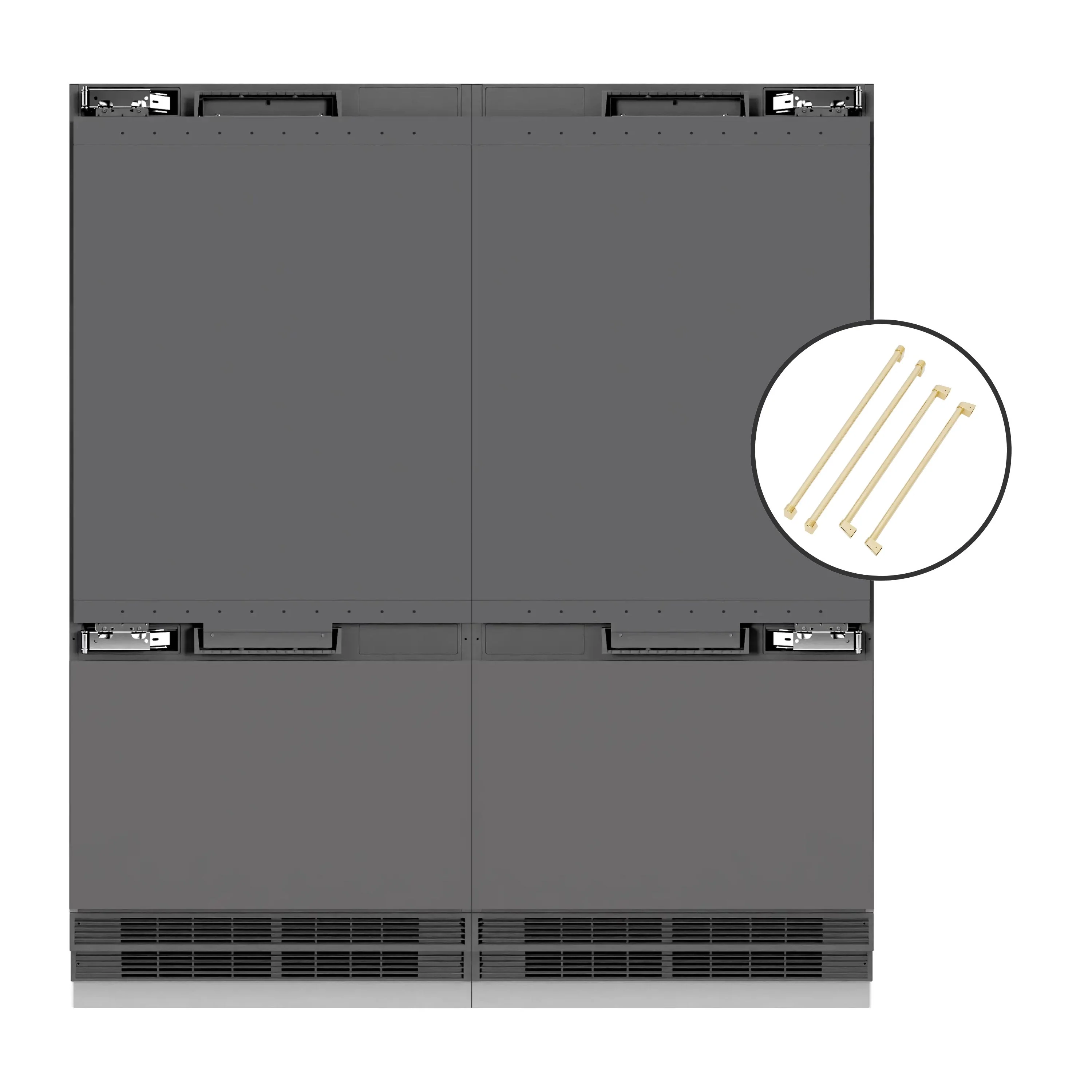 ZLINE Autograph Edition 72-Inch 39.6 Cu. Ft. French Door Built-In Bottom Freezer Refrigerator with Water Dispensers and Ice Makers in Panel Ready with Graphite Gray Interior and Polished Gold Accents (GRBITZ-72-G)