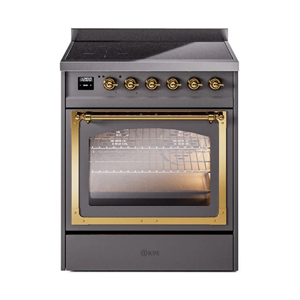 ILVE Nostalgie II Noblesse 30-Inch Induction Range with Triple Glass Door in Matte Graphite with Brass Trim (UNI304NMPMGG)
