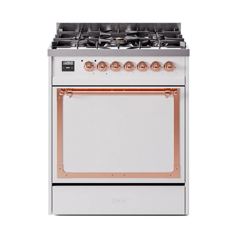 ILVE Nostalgie II Noblesse 30-Inch Dual Fuel Range with Solid Door in White with Copper Trim (UN30QNMPWHP)