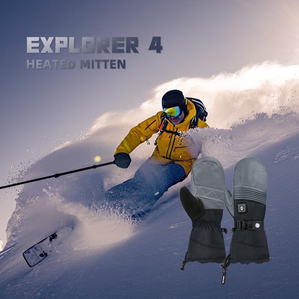 Explorer 4S Unisex Heated Skiing Mitten Waterproof Touch Screen Winter Cold Weather Heated Gloves for Snowboarding