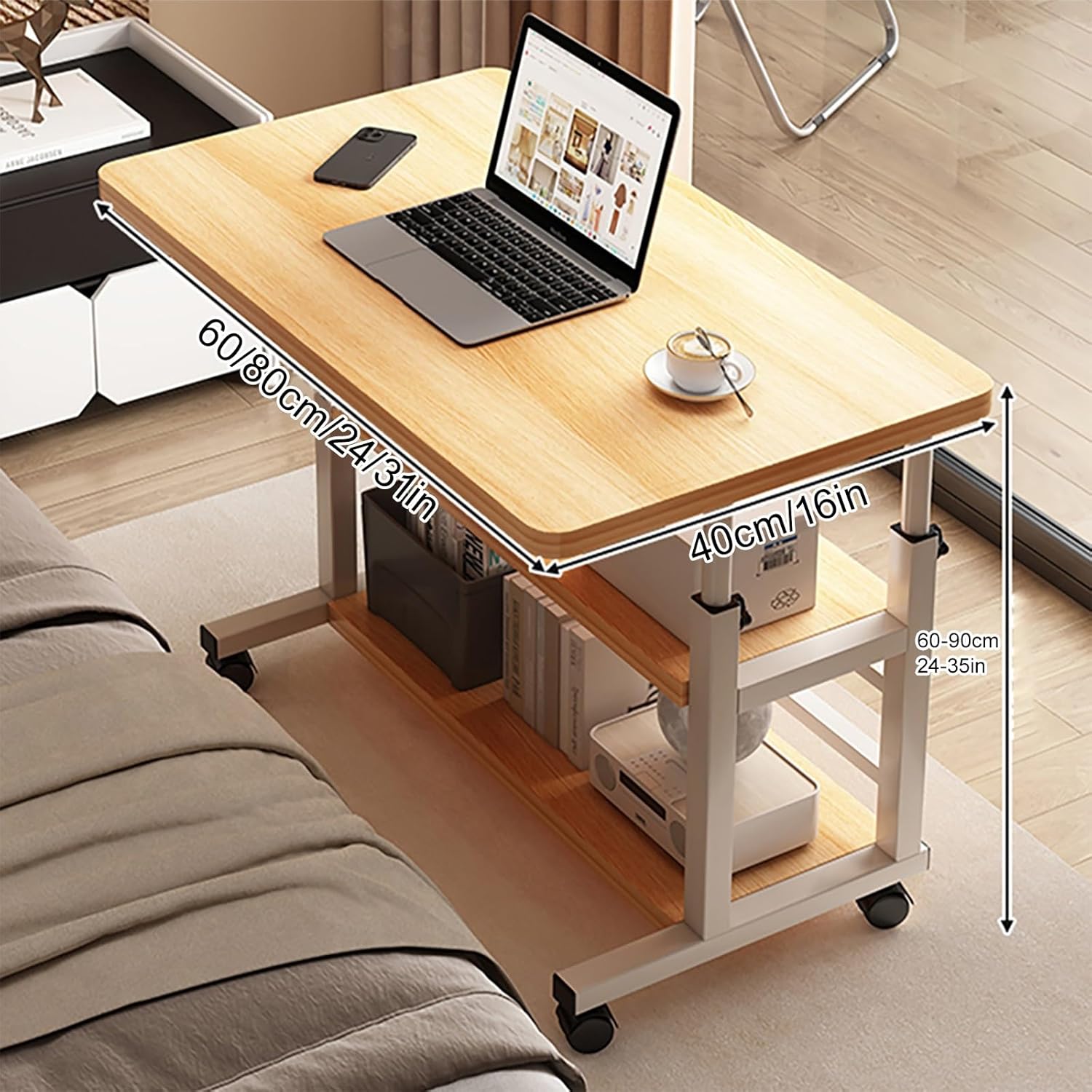 Medical Overbed Bedside Table with Two Shelves and Wheels (Hospital and Home Use), Height Adjustable Bed Table, Small Computer Cart for Couch, Office(Wood Color,60 * 40cm/24 * 16in)