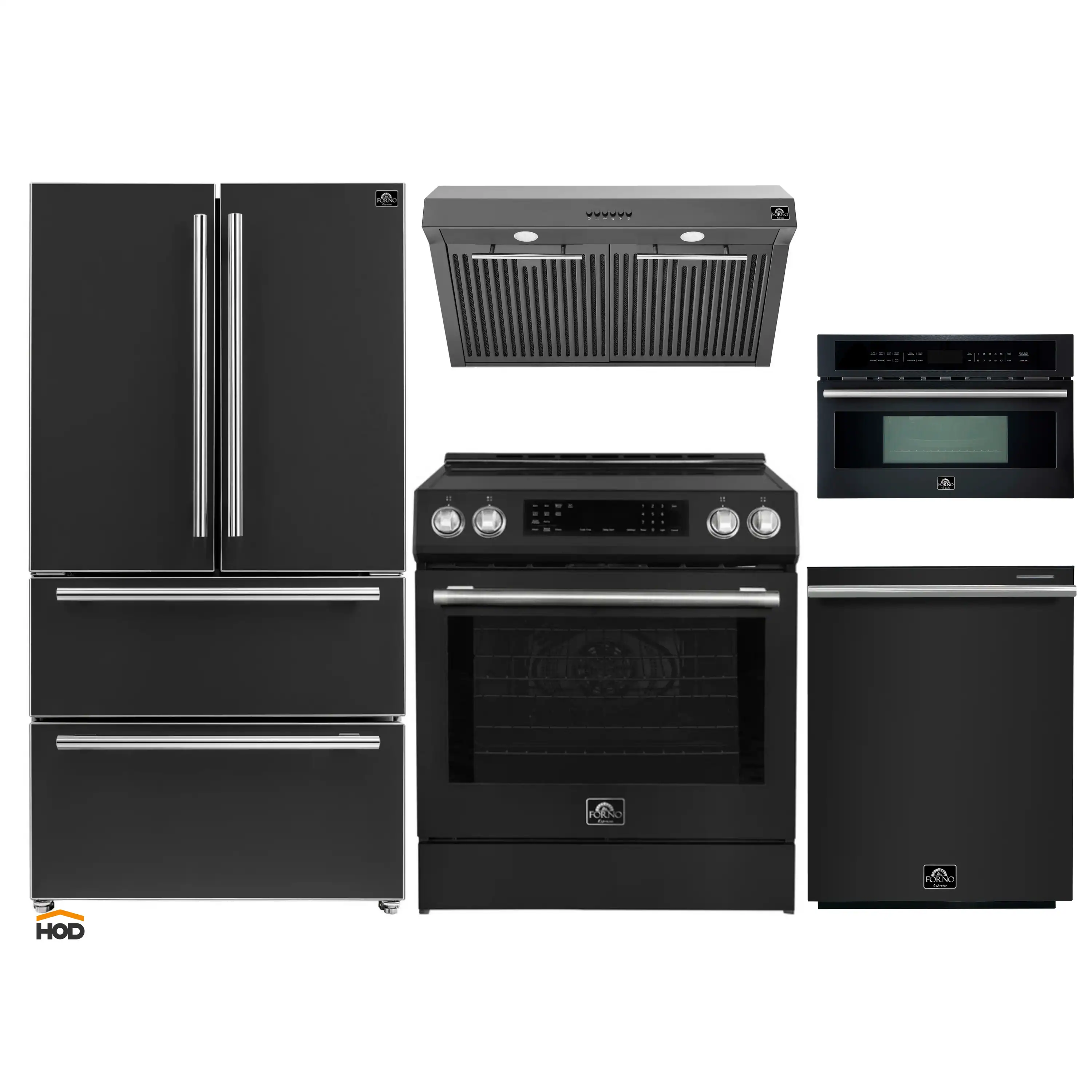 Forno 5-Piece Appliance Package - 30-Inch Induction Range, Under Cabinet Range Hood, Refrigerator, Dishwasher, and 30-Inch Microwave Oven in Black with Stainless Steel Trim