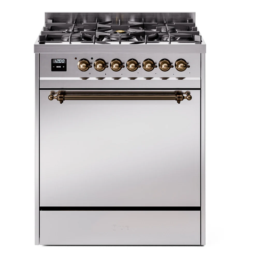 ILVE Nostalgie II 30-Inch Dual Fuel Range with Solid Door in Stainless Steel with Bronze Trim (UP30QNMPSSB)