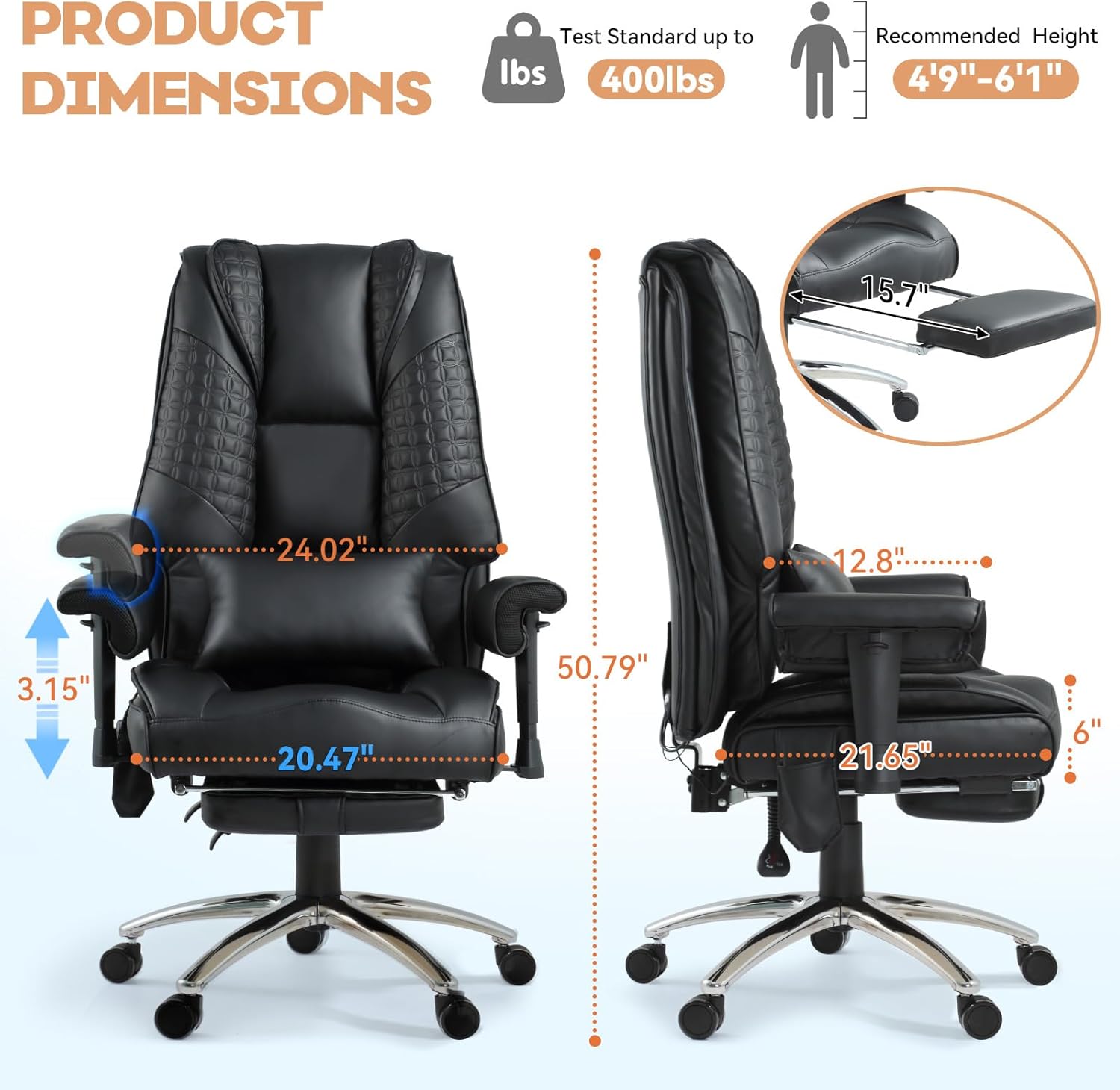 Vibrate Massage & Heating Office Chair with Foot Rest, Executive Office Chair with Reclining Backrest, Adjustable Arms & Lumbar Support, High Back Leather Desk Chairs for Home Office, Black