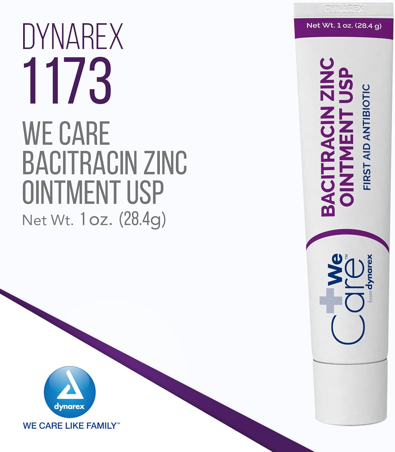 Dynarex Bacitracin Zinc Ointment USP - Burn Cream and Antibiotic Ointment for Minor Cuts, Diaper Rashes, Wound Care and First Aid, 1 oz Tubes - Case of 72 Tubes