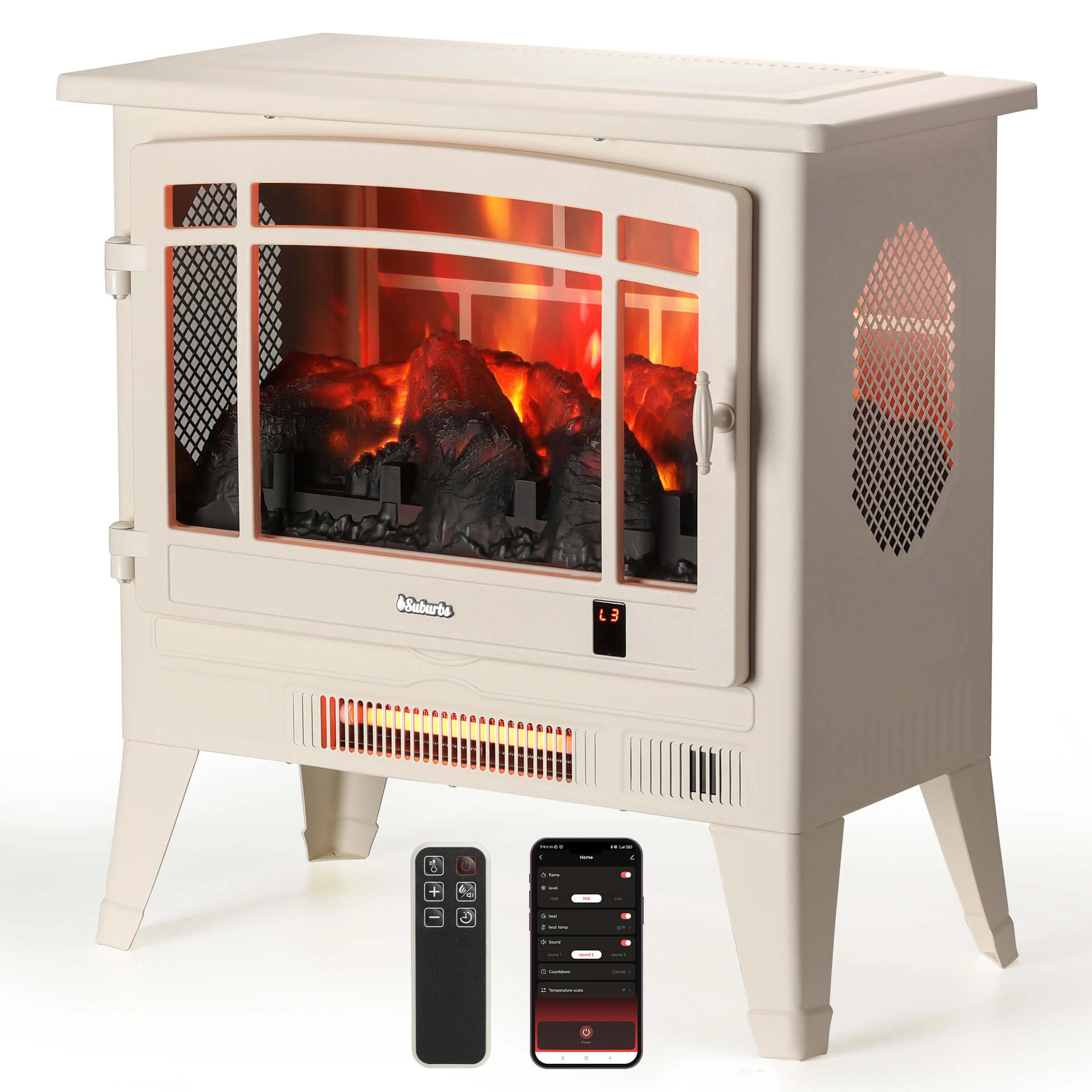 TURBRO Suburbs TS25 Smart Electric Fireplace Stove Heater, Panoramic 3-Sided View, WiFi Enabled (707-98-125AWIFI)