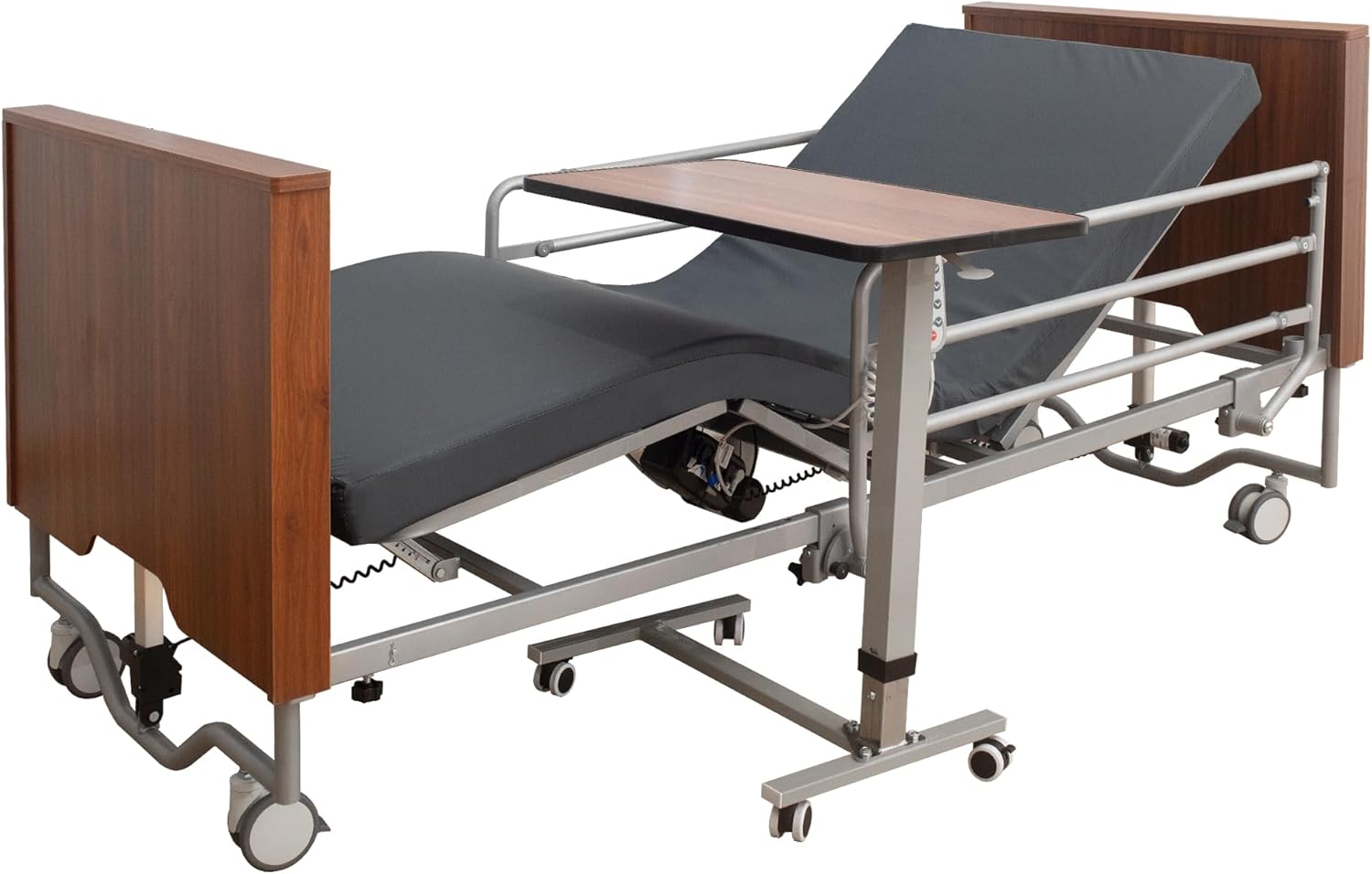 Full Electric Hospital Bed for Home Use with 5 Functions, Ultra Low Electric Medical Bed with Movable Overbed Table & Mattress, 8.5