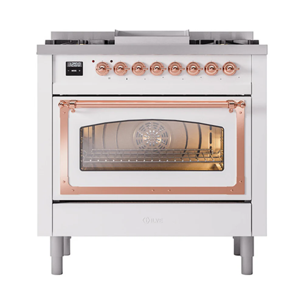 ILVE Nostalgie II Noblesse 36-Inch Dual Fuel Range and Triple Glass Door in White with Copper Trim (UN36FNMPWHP)