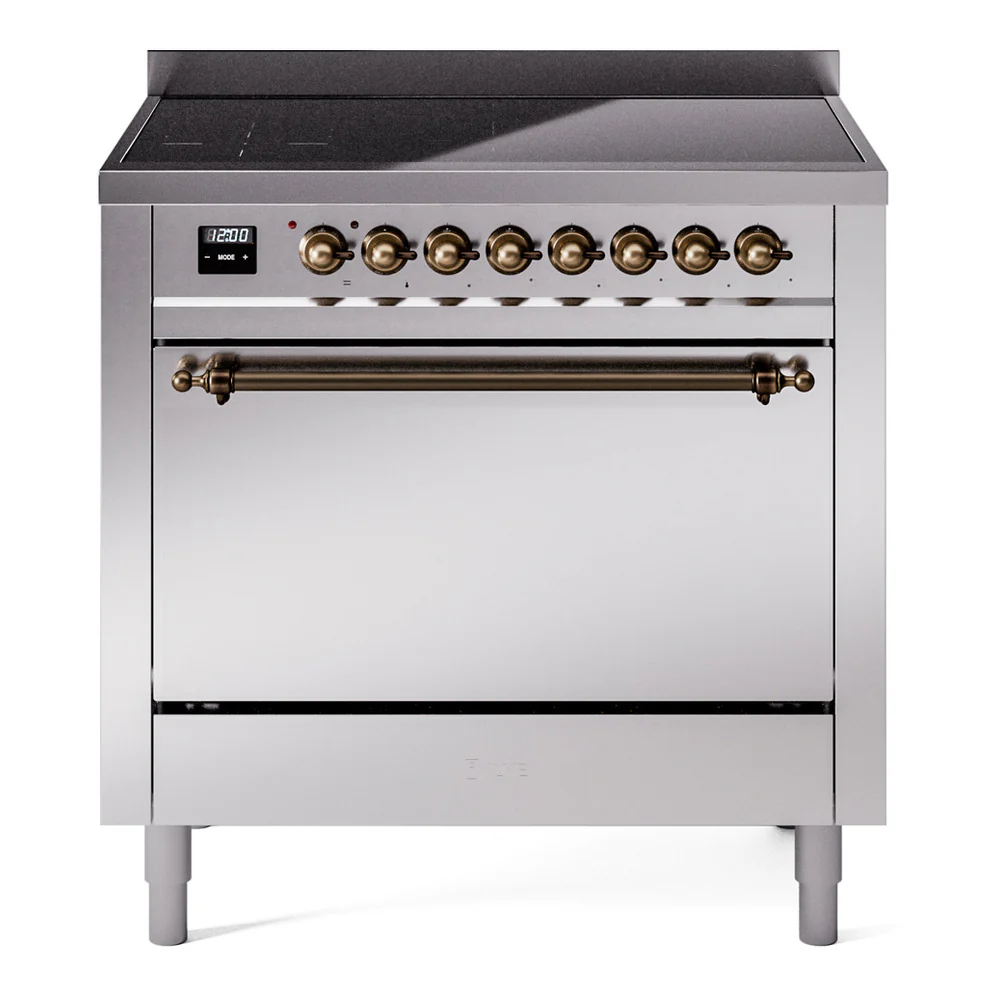 ILVE 36-Inch Nostalgie II Induction Range with Solid Door Oven in Stainless Steel with Bronze Trim (UPI366QNMPSSB)