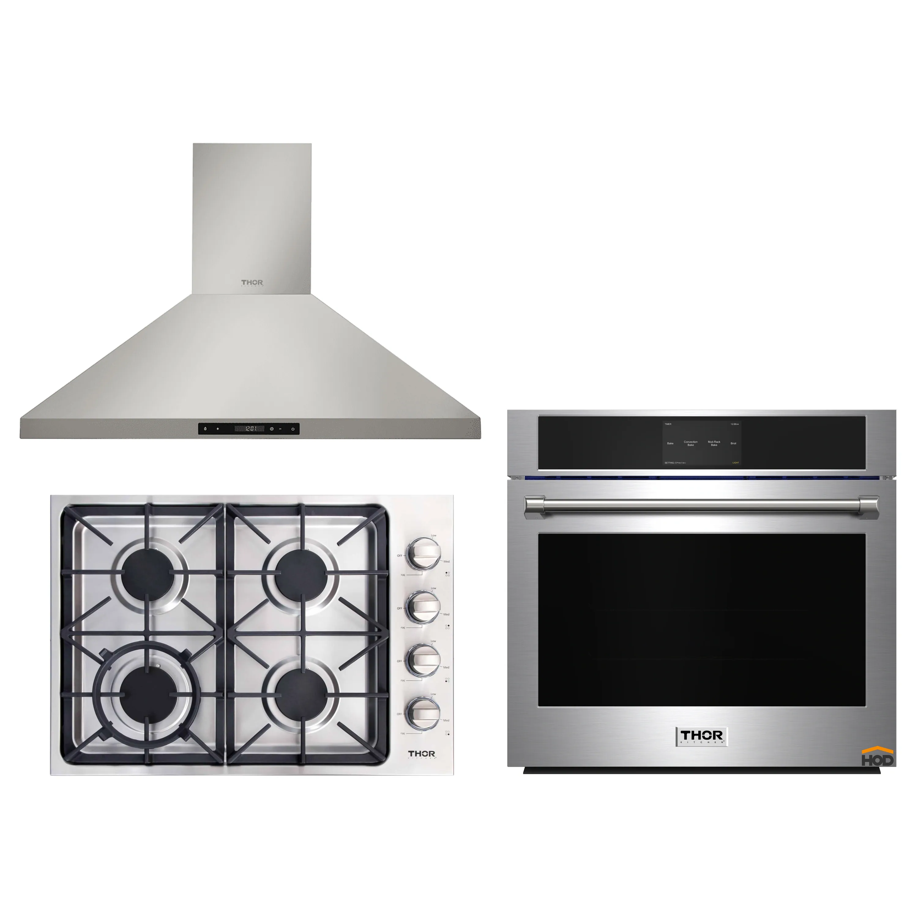 Thor Kitchen 3-Piece Pro Appliance Package - 30-Inch Gas Cooktop, Electric Wall Oven & Wall Mount Hood in Stainless Steel