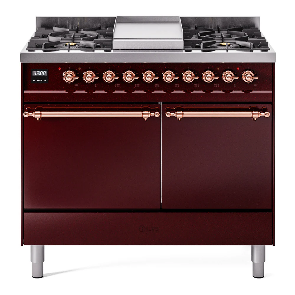 ILVE 40-Inch Nostalgie II Dual Fuel Range with 6 Burners, Griddle and Solid Door Oven in Burgundy with Copper Trim (UPD40FQNMPBUP)