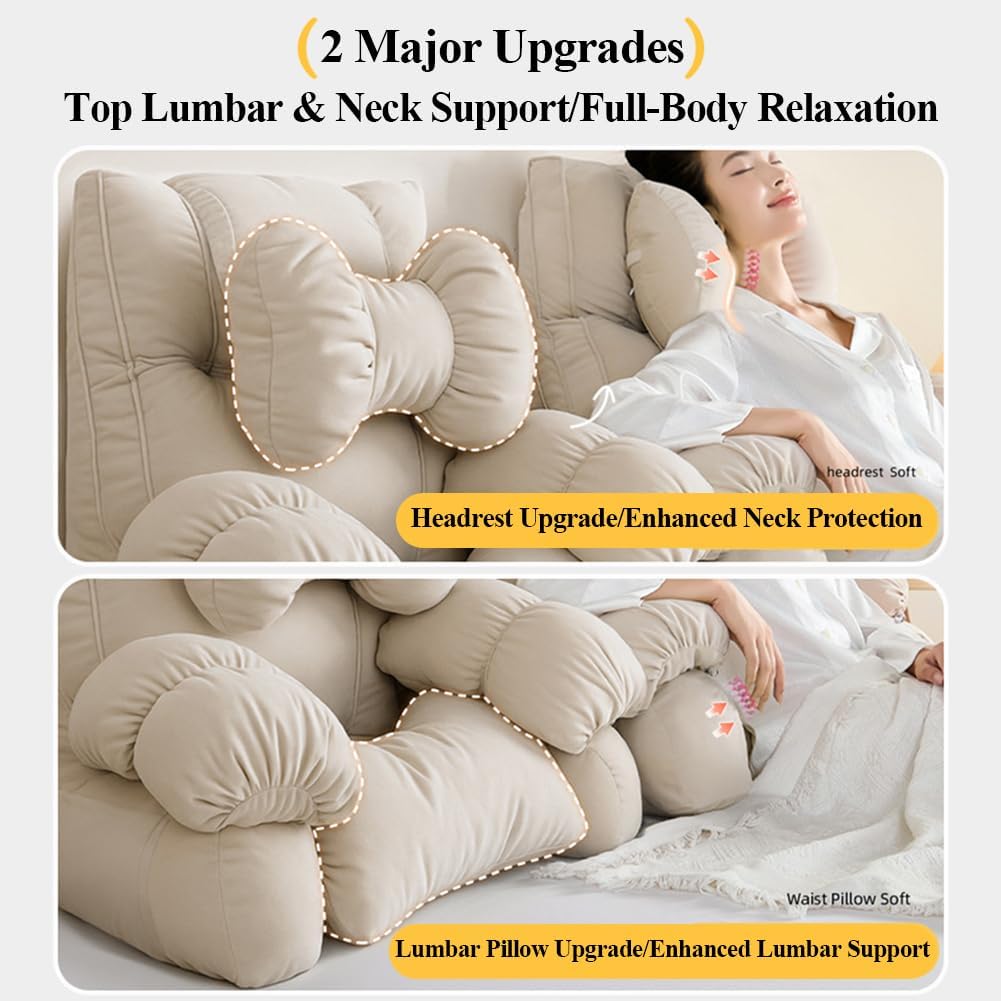 Backrest Reading Bed Rest Pillow with Arms - Removable Washable Cover, Back Support Wedge Cushion for Neck & Lumbar, Headboard Pillow for Bed Sitting Up, Floor Pillow (Khaki02, Medium)