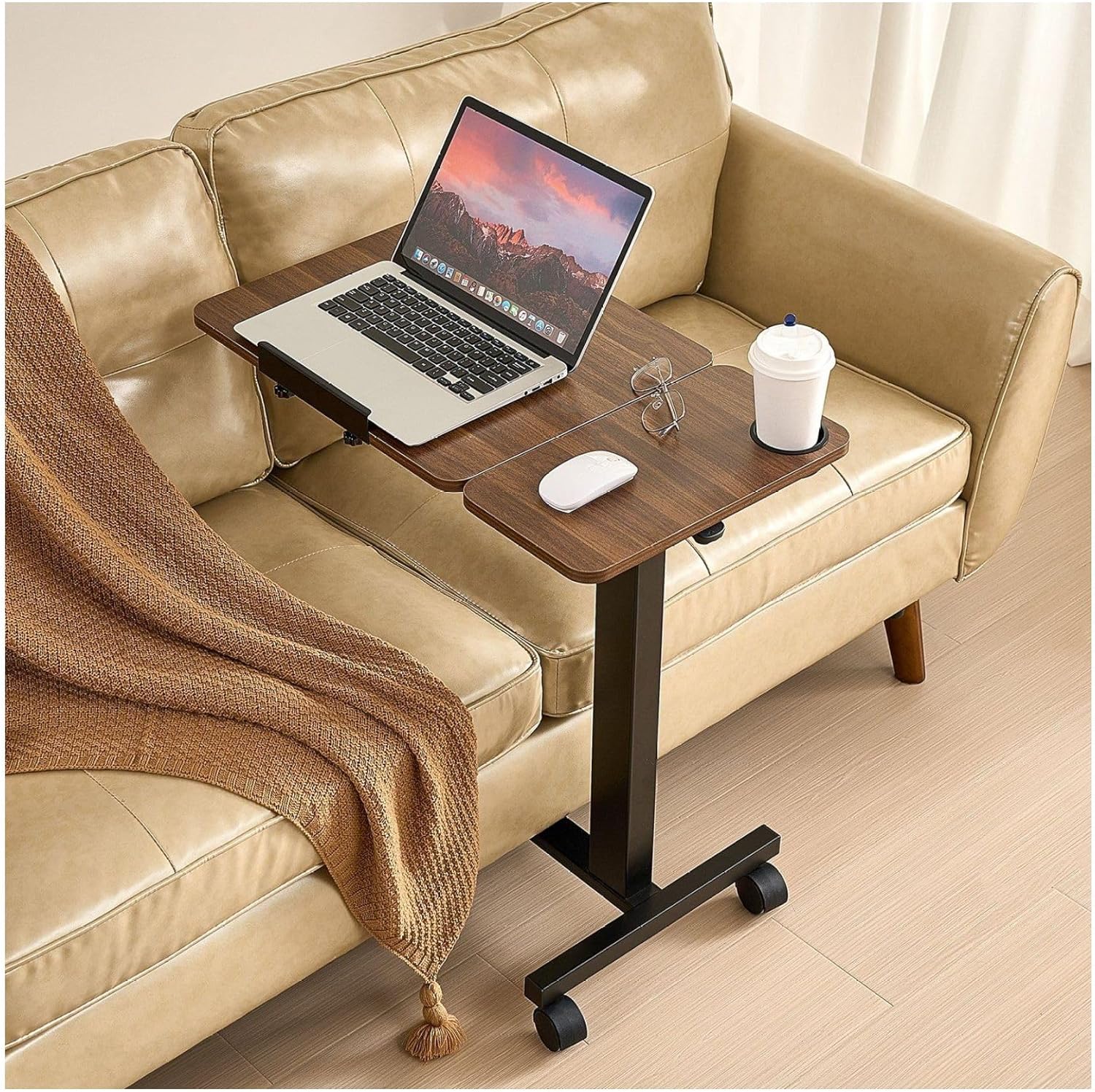 Overbed Table, Mobile Bedside Table with Wheels - Adjustable Height & Tilt Laptop Desk, Rolling Over Bed Table with Cup Holder for Home Office Study - Wood & Black