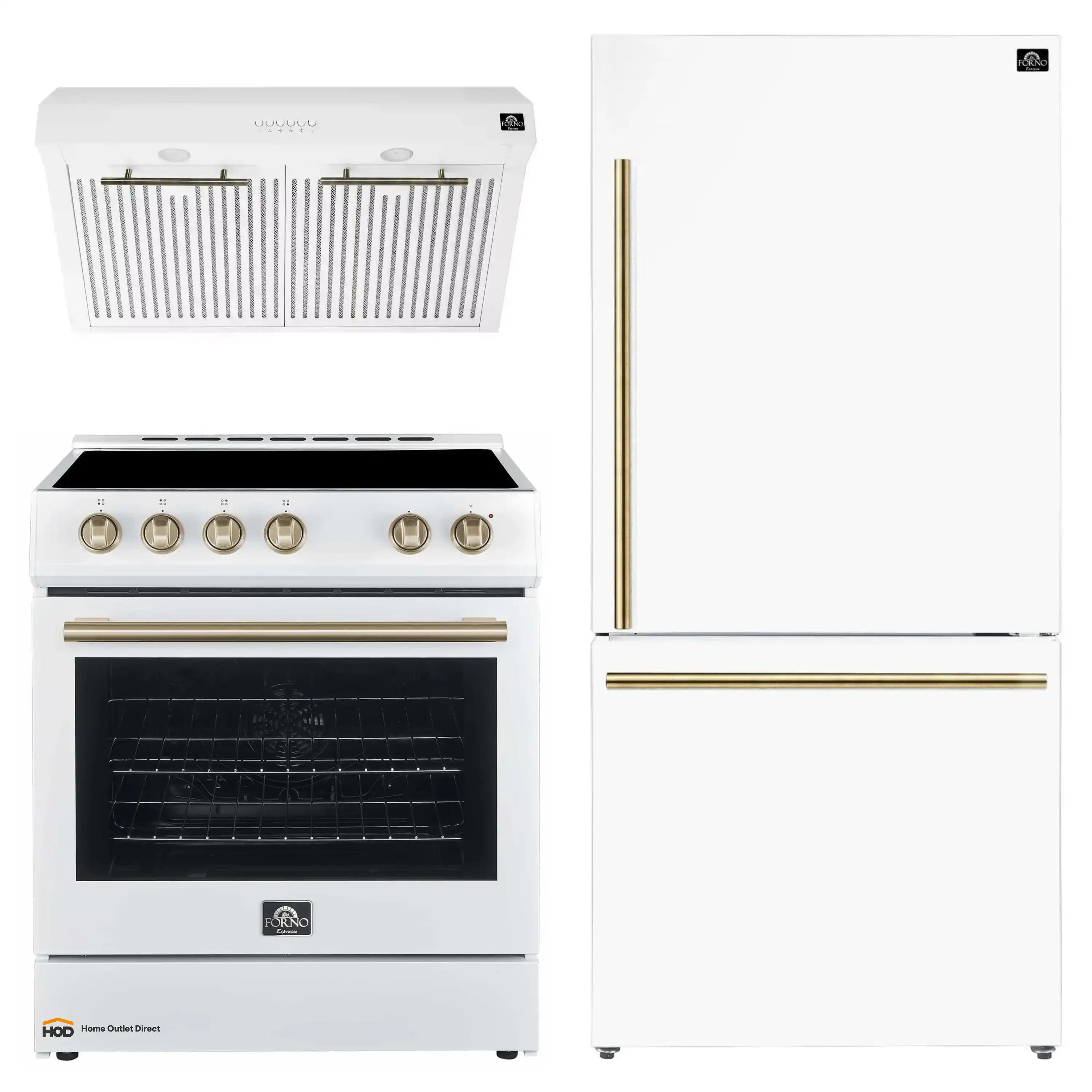 Forno Espresso 3-Piece Appliance Package - 30-Inch Electric Range with 5.0 Cu.Ft. Electric Oven, Refrigerator, and Under Cabinet Range Hood in White with Antique Brass Trim (FBDL-001-03US)