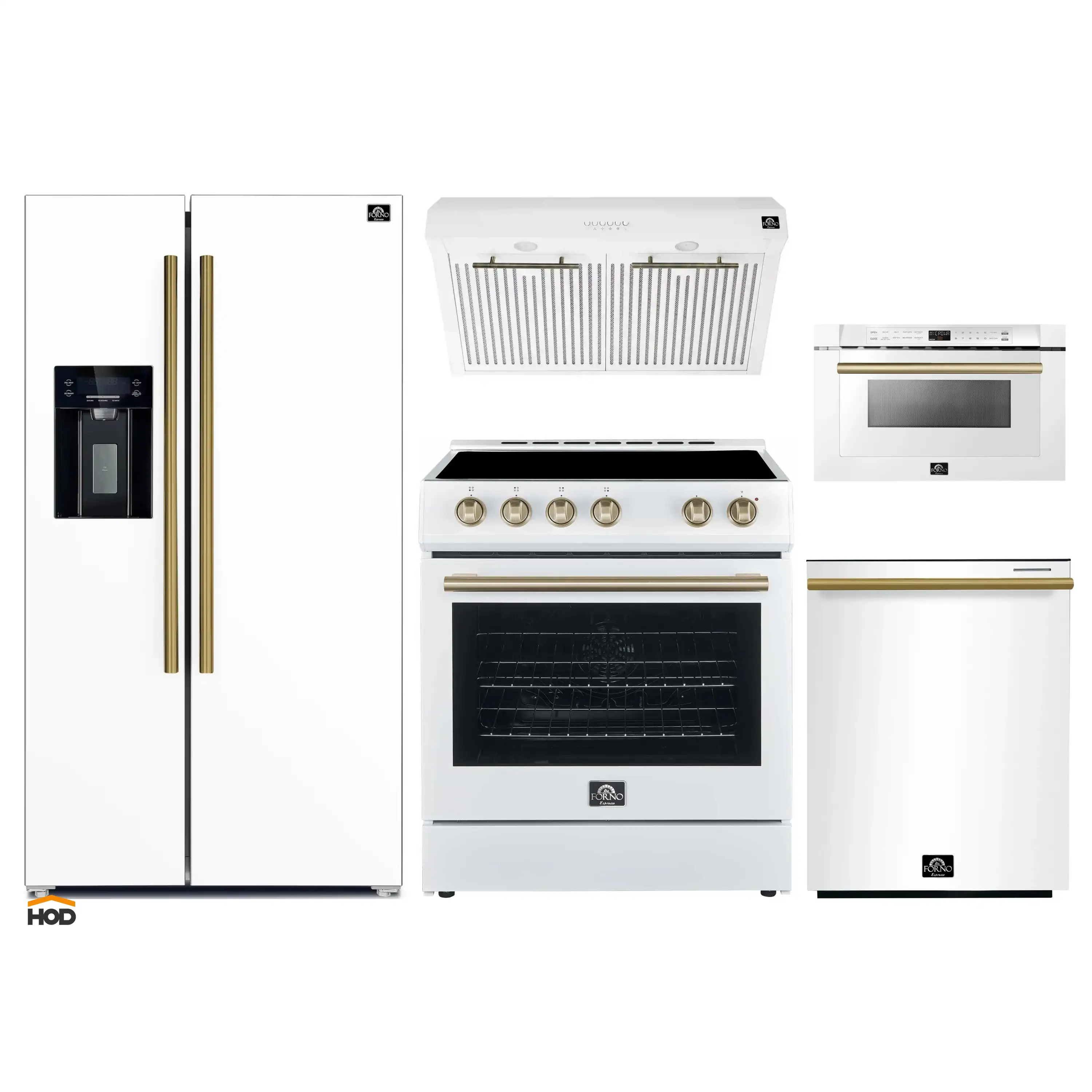Forno 5-Piece Appliance Package - 30-Inch Electric Range, Under Cabinet Range Hood, Refrigerator with Water Dispenser, Dishwasher, and  Microwave Drawer in White with Antique Brass Trim