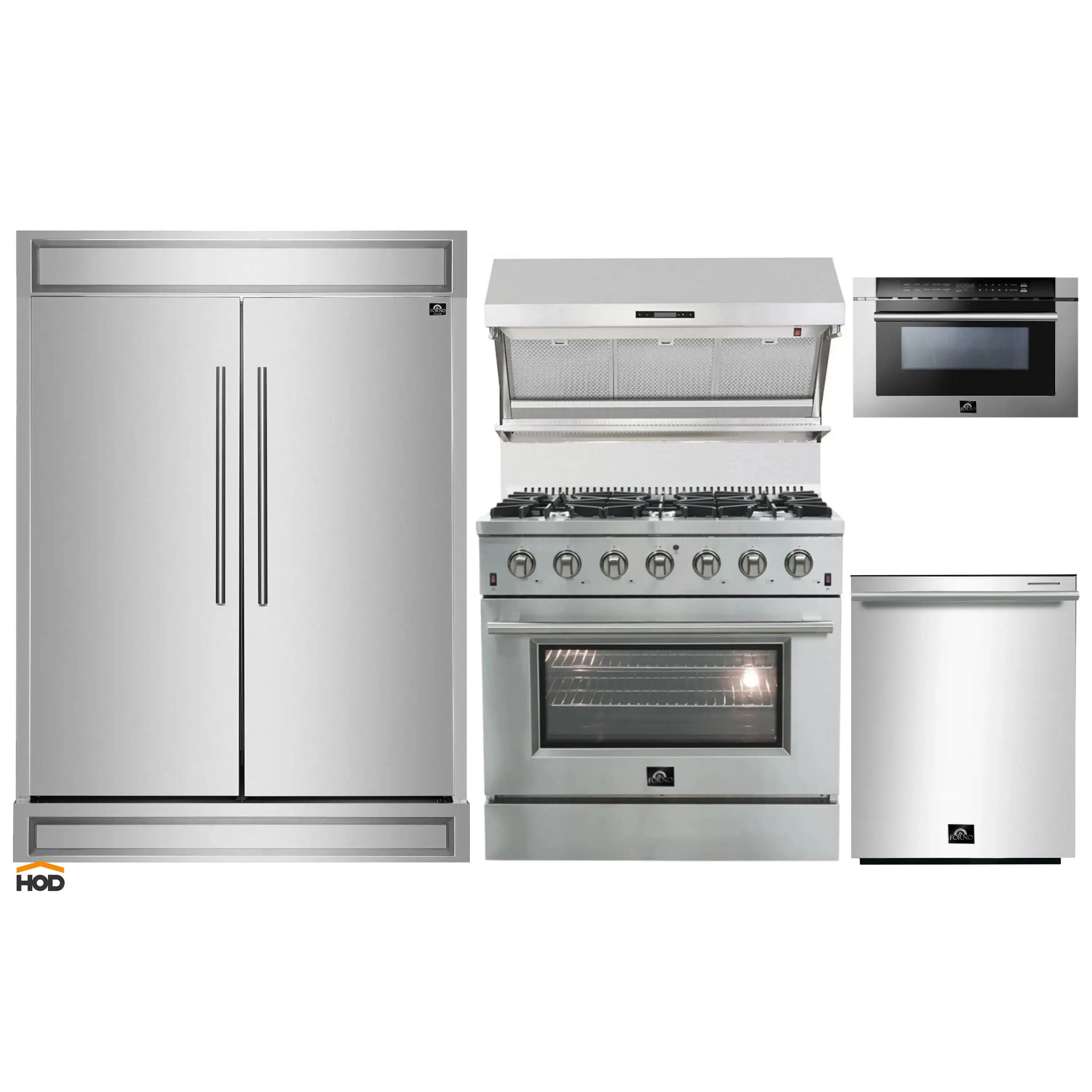 Forno 5-Piece Appliance Package - 36-Inch Gas Range, 60-Inch Refrigerator, Wall Mount Hood with Backsplash, 24-Inch Microwave Drawer, & 3-Rack Dishwasher in Stainless Steel