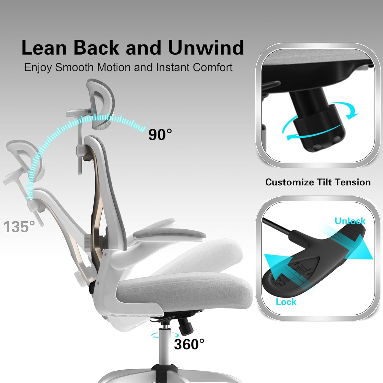 Home Office Desk Chairs, Ergonomic Office Chair with Lumbar Support & 3D Headrest, Computer Desk Chair with Flip-up Armrests, Perfect for Office or Study, Gray/Gold