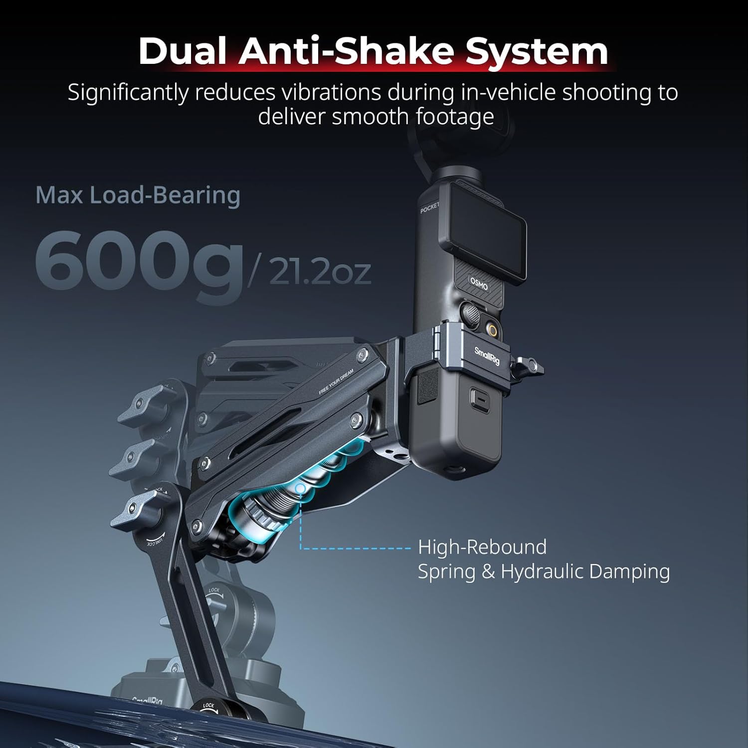 SMALLRIG Mini Electronic Shock Absorber Arm, 5-inch Vacuum Suction Cup, 2000mAh Battery, Double Spring and Hydraulic Damping, Car Mount for DJI Osmo Pocket 3/for GoPro HERO13/for Insta360 X4-5507