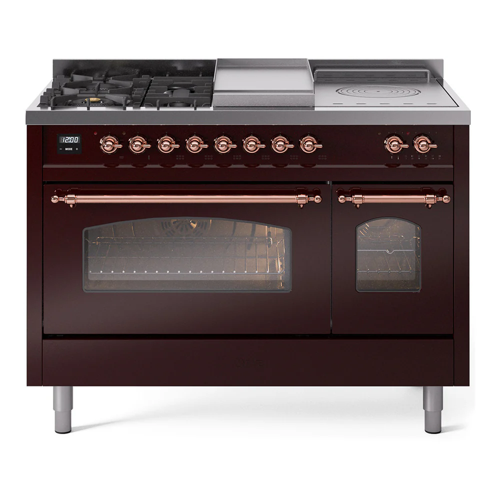 ILVE Nostalgie II 48-Inch Dual Fuel Range with 5 Burners, Griddle, & French Top with Triple Glass Door Oven in Burgundy with Copper Trim (UP48FSNMPBUP)