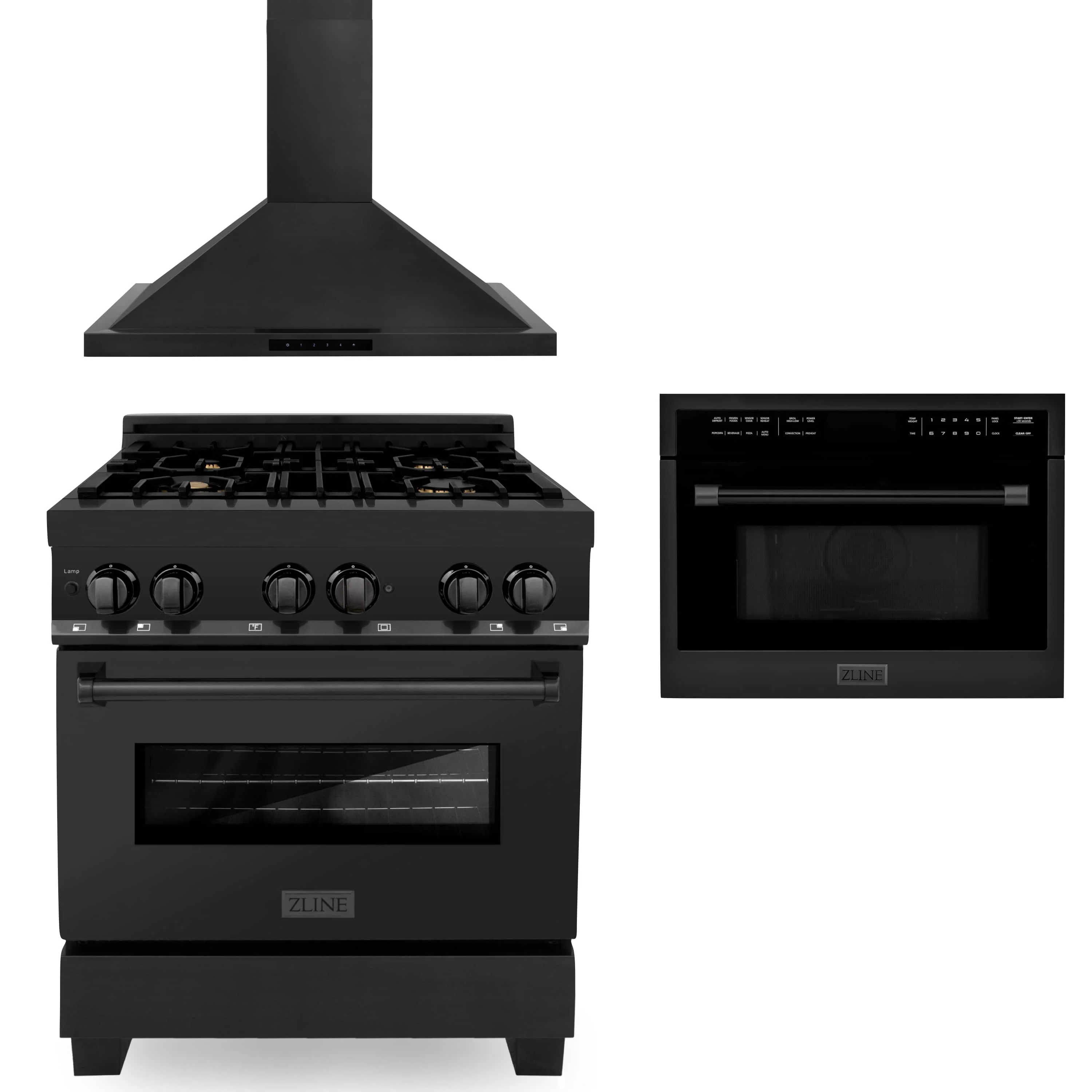 ZLINE 3-Piece Appliance Package - 30-Inch Dual Fuel Range with Brass Burners, 24-Inch Microwave Oven & Convertible Wall Mount Hood in Black Stainless Steel (3KP-RABRHMWO-30)