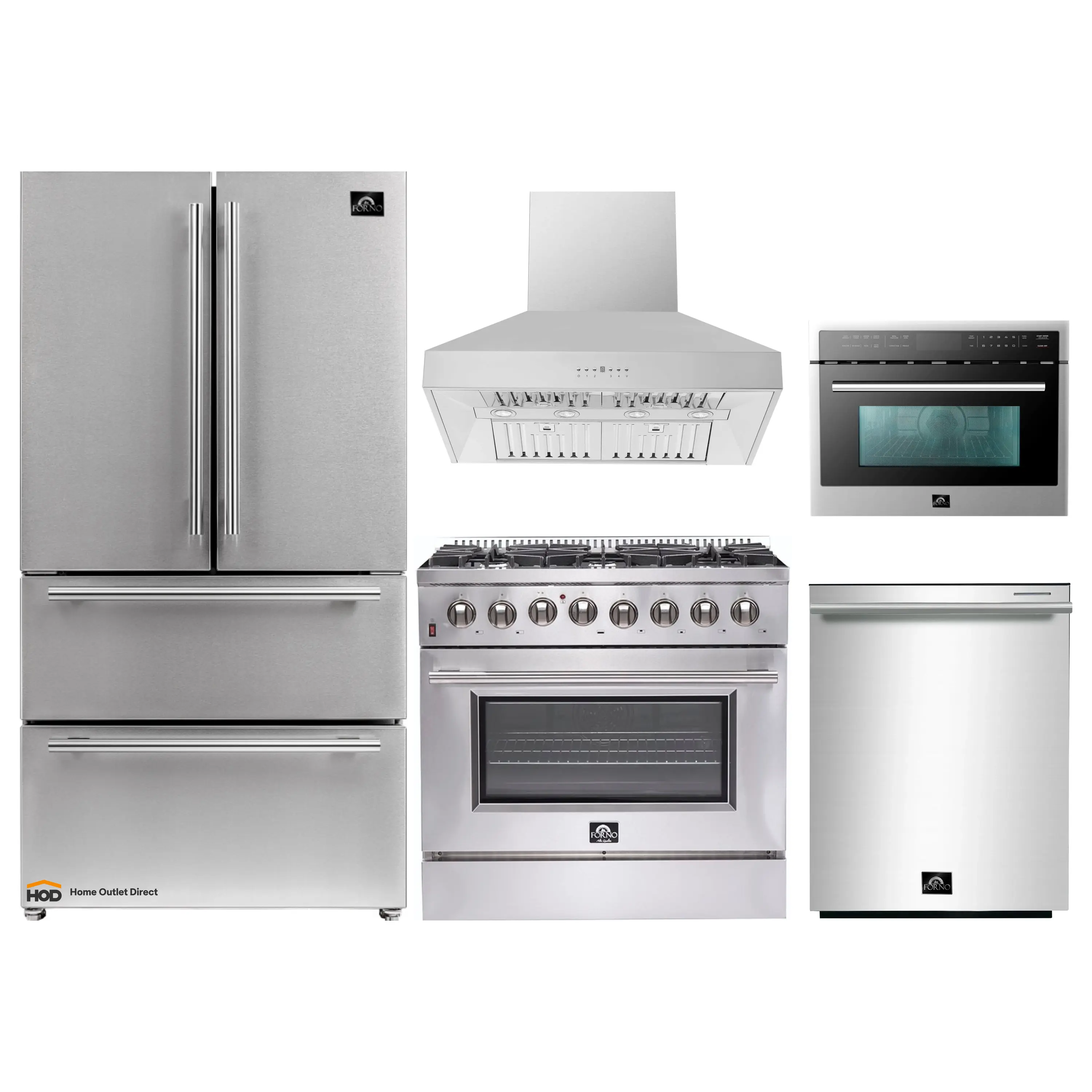 Forno 5-Piece Appliance Package - 36-Inch Dual Fuel Range, Refrigerator, Wall Mount Hood, 24-Inch Microwave Oven, & 3-Rack Dishwasher in Stainless Steel