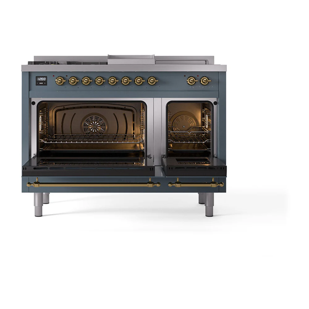 ILVE 48-Inch Nostalgie II Noblesse Dual Fuel Range with 5 Sealed Burners, Griddle, French Top and Solid Door Oven in Blue Grey with Brass Trim (UN48FSQNMPBGG)