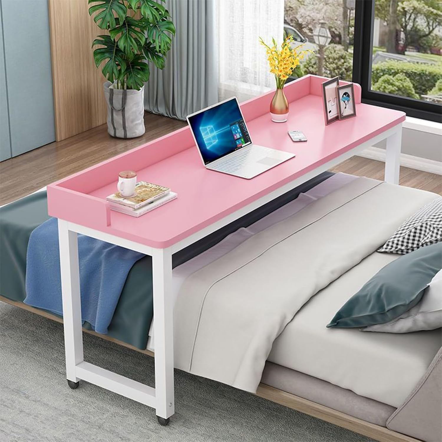 Generic Overbed Table,Over Bed Table with Wheels Adjustable Height,Rolling Bed Table,Large Bed Desk with Surrounding Baffle,Works As Bar Table, Dining Table Or Laptop Bed Table, Pink+white Frame